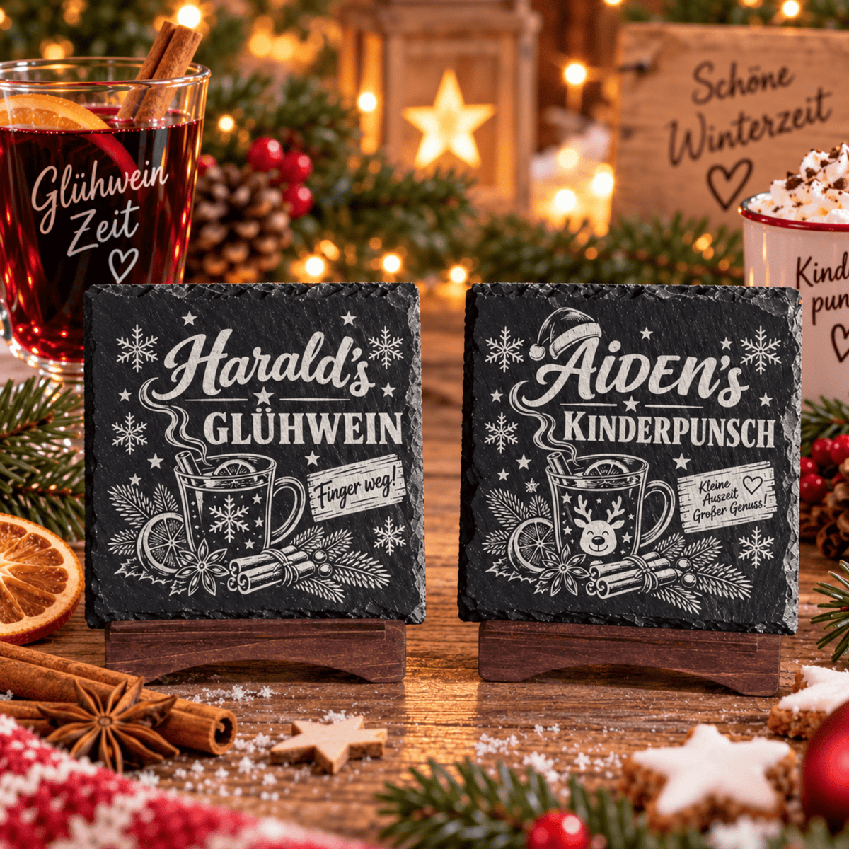 Personalisierte Schieferuntersetzer Weihnachten – Glühwein & Kinderpunsch mit Wunschname - Gravurliebe