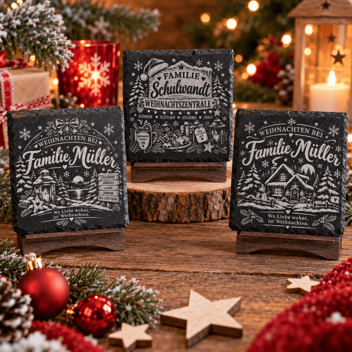 Personalisierte Schieferuntersetzer Weihnachten mit Familienname – 3 Motive - Gravurliebe