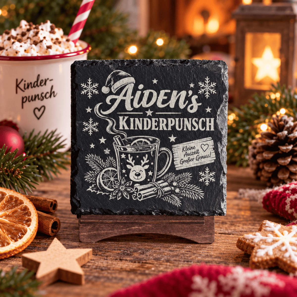 Personalisierte Schieferuntersetzer Weihnachten – Glühwein & Kinderpunsch mit Wunschname - Gravurliebe