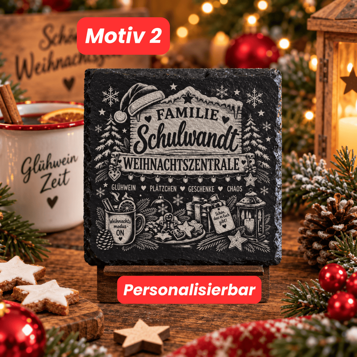 Personalisierte Schieferuntersetzer Weihnachten mit Familienname – 3 Motive - Gravurliebe