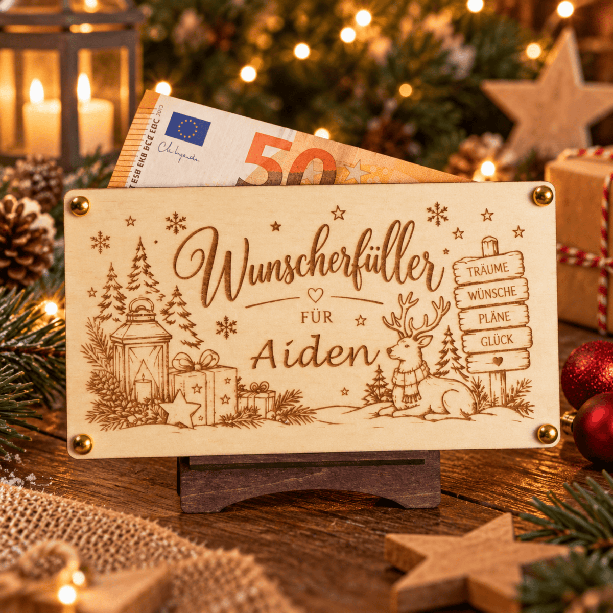 Personalisierte Geldgeschenkkarte aus Holz zu Weihnachten - Gravurliebe