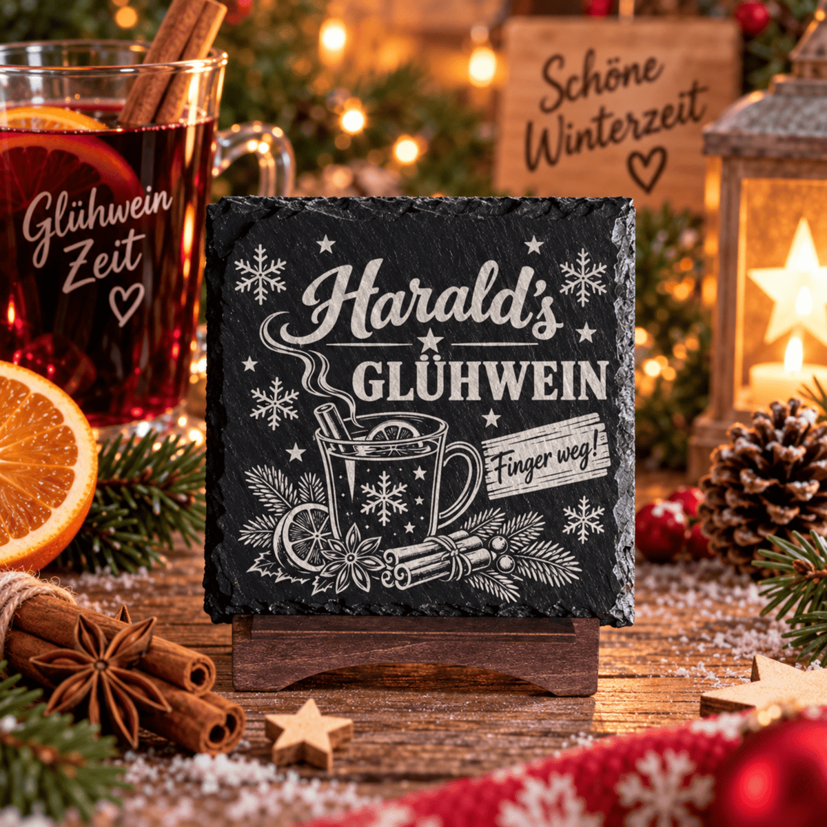 Personalisierte Schieferuntersetzer Weihnachten – Glühwein & Kinderpunsch mit Wunschname - Gravurliebe