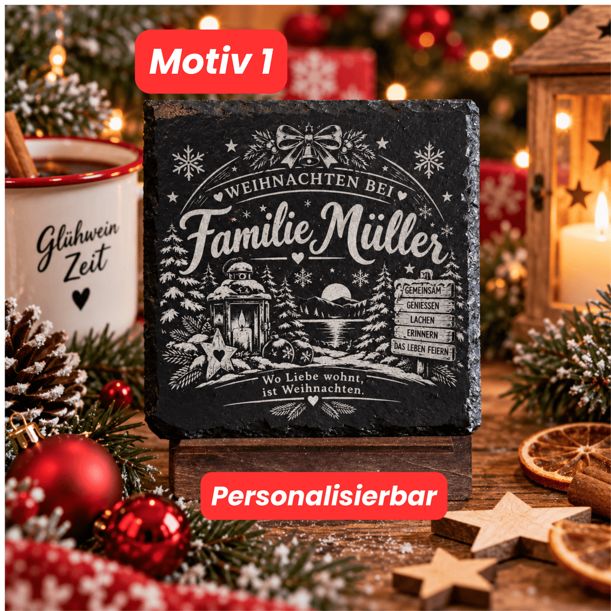 Personalisierte Schieferuntersetzer Weihnachten mit Familienname – 3 Motive - Gravurliebe
