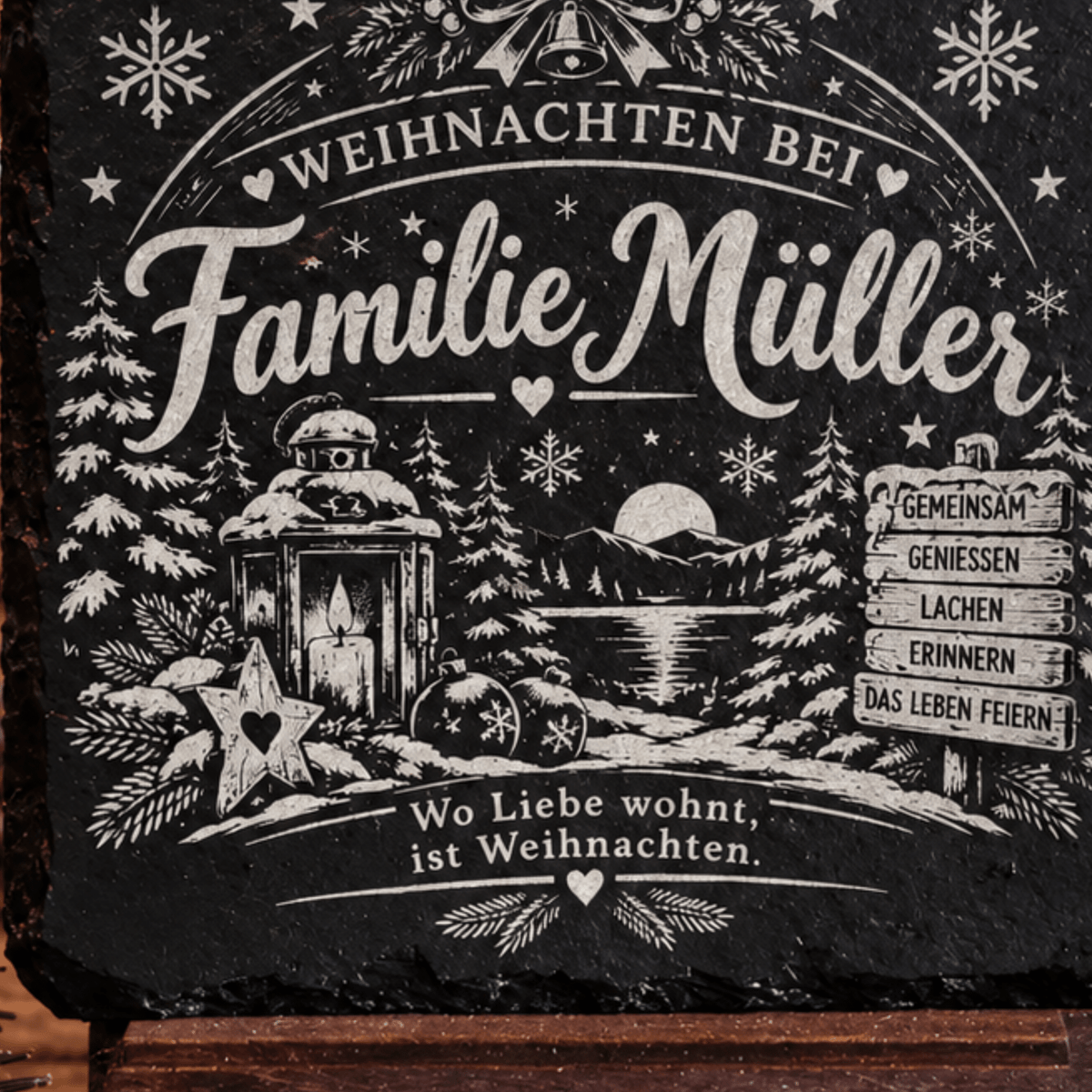 Personalisierte Schieferuntersetzer Weihnachten mit Familienname – 3 Motive - Gravurliebe