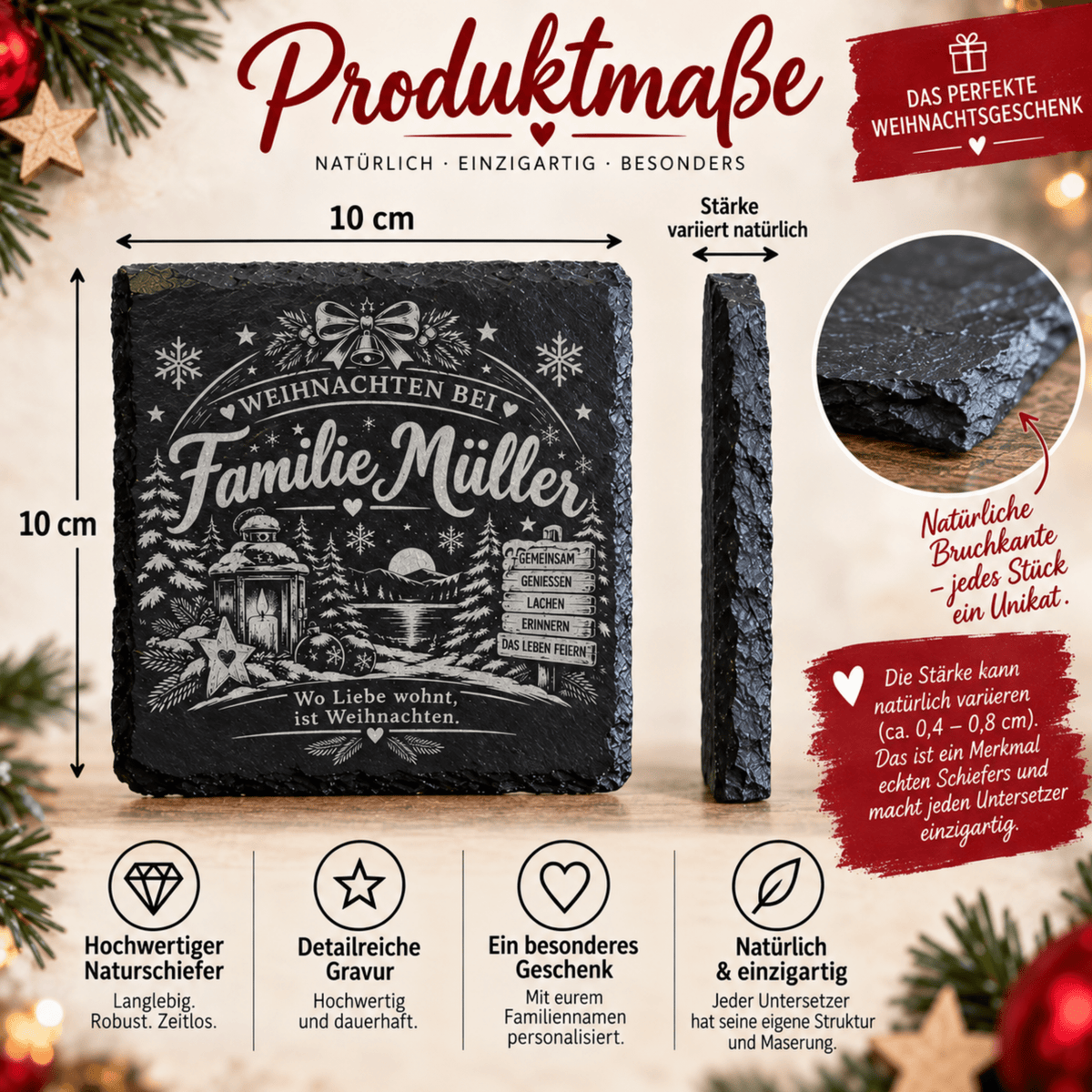 Personalisierte Schieferuntersetzer Weihnachten mit Familienname – 3 Motive - Gravurliebe