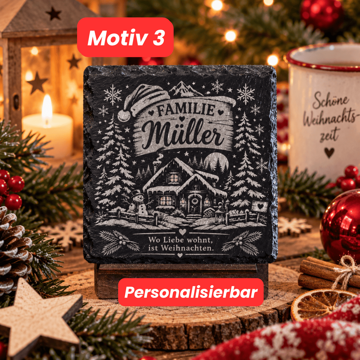 Personalisierte Schieferuntersetzer Weihnachten mit Familienname – 3 Motive - Gravurliebe
