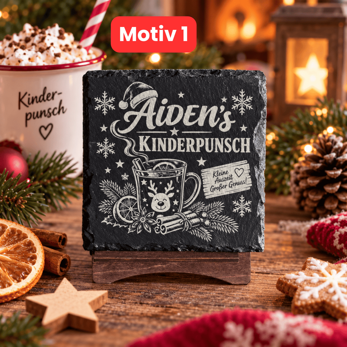 Personalisierte Schieferuntersetzer Weihnachten – Glühwein & Kinderpunsch mit Wunschname - Gravurliebe