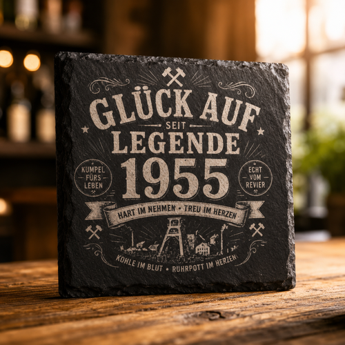 Glück Auf Legende Schieferuntersetzer mit Name & Jahr personalisiert