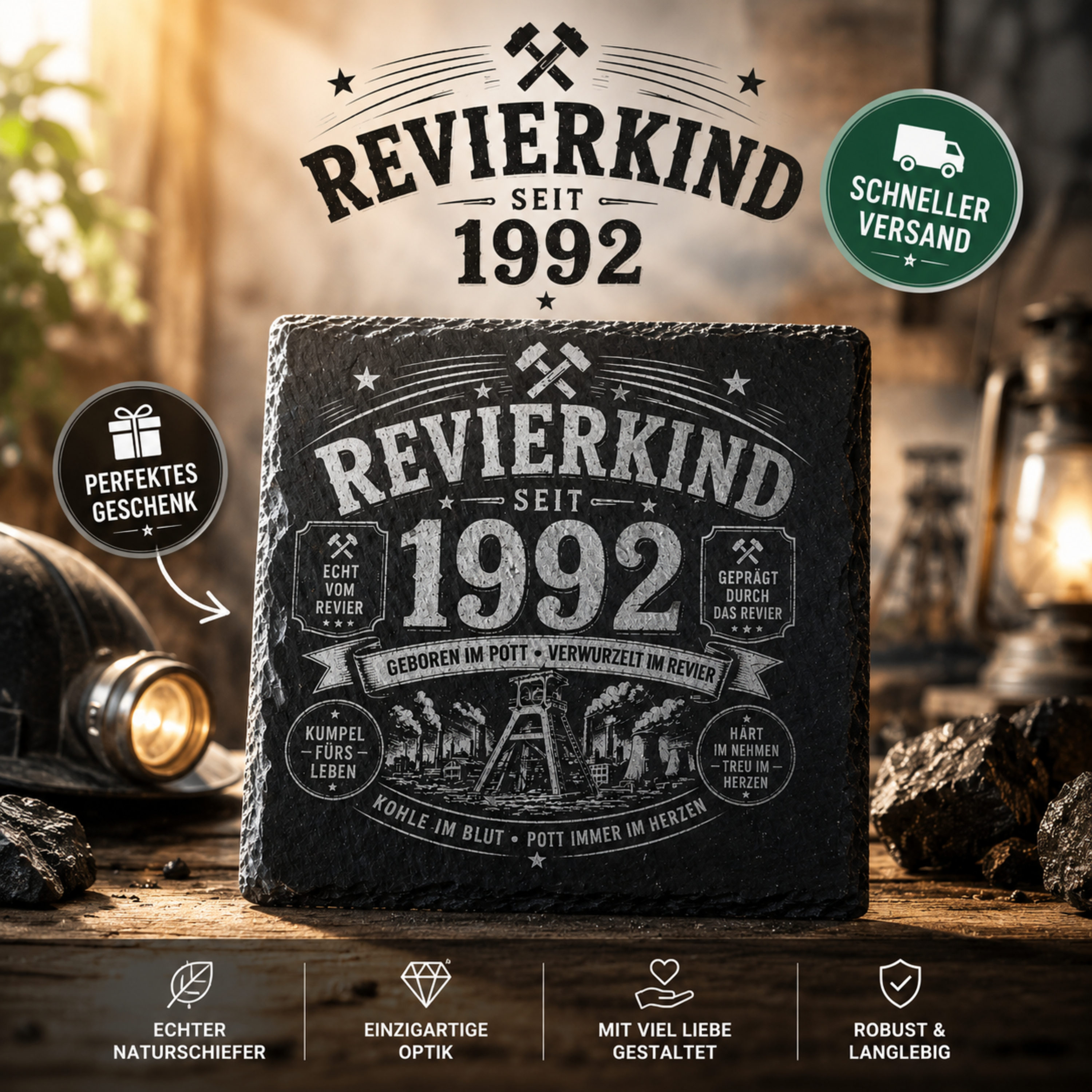 Revierkind Schieferuntersetzer personalisiert mit Jahreszahl