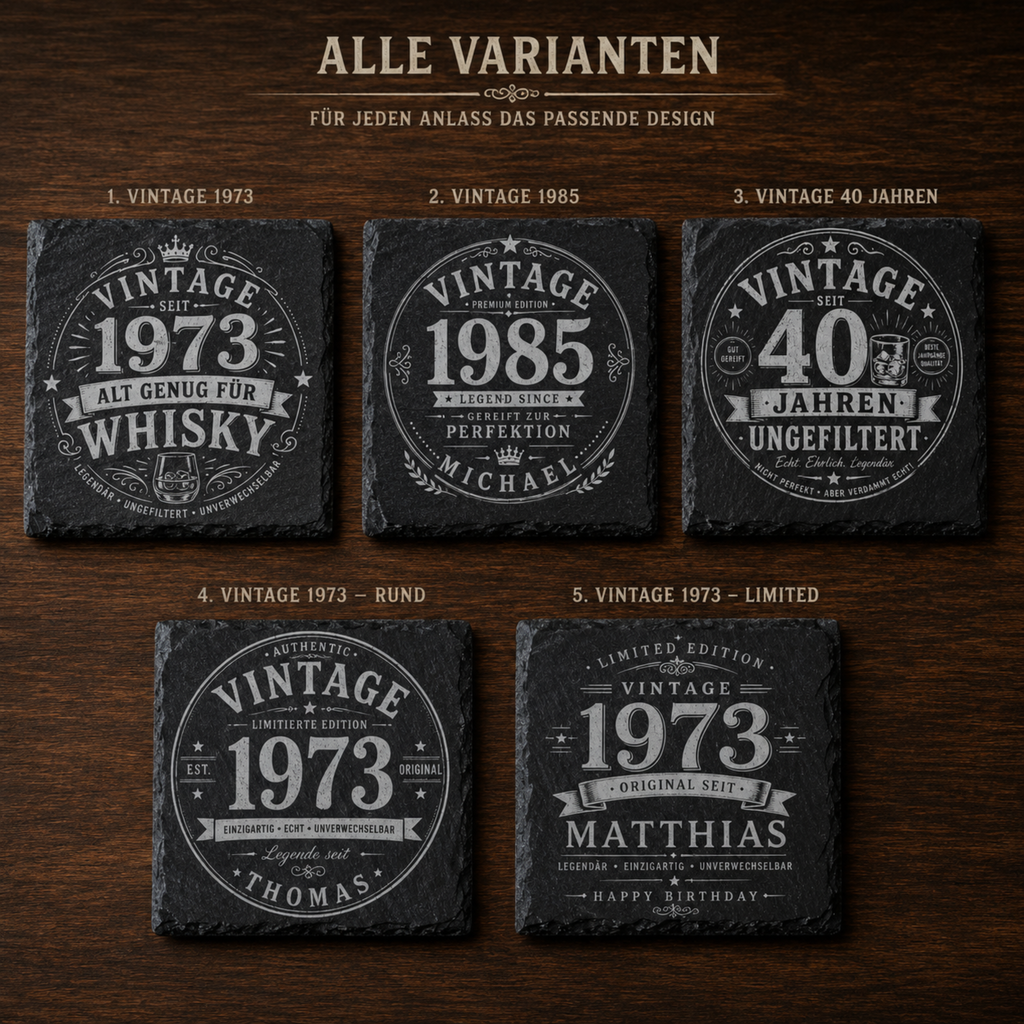 Personalisierte Schiefer Untersetzer mit Name und Jahr im Vintage Design als Männergeschenk