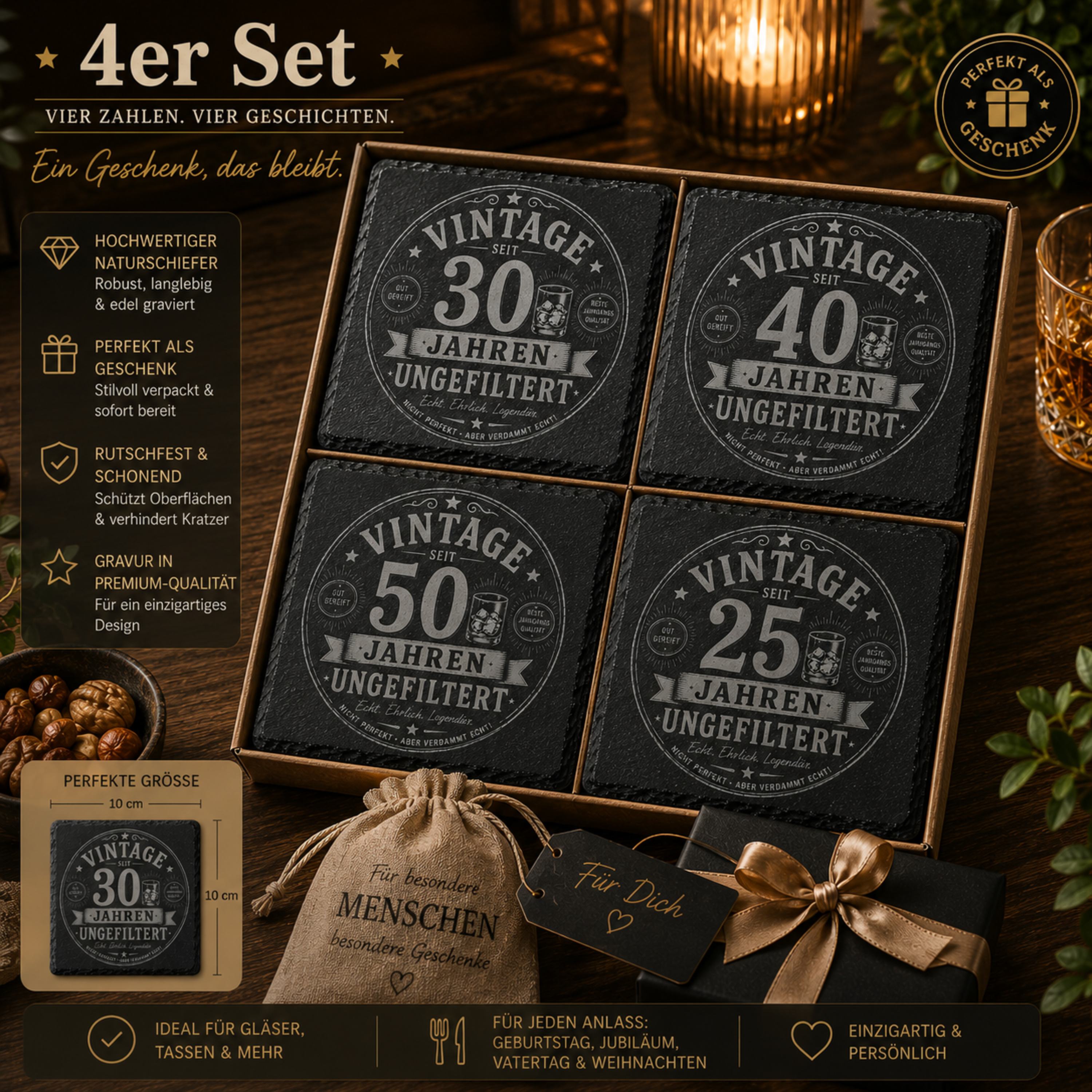 Vintage Schiefer Untersetzer personalisierbar mit Wunschalter als Geburtstagsgeschenk