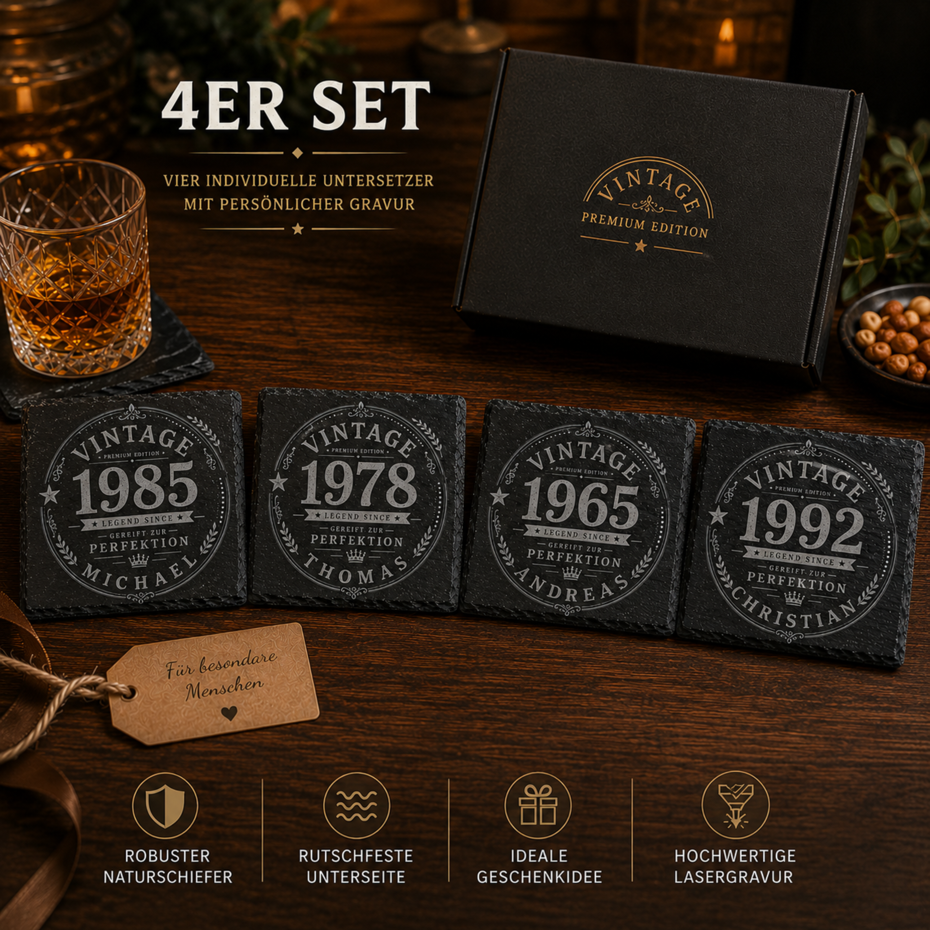 Personalisierte Schiefer Untersetzer mit Name und Jahr im Vintage Design als Männergeschenk