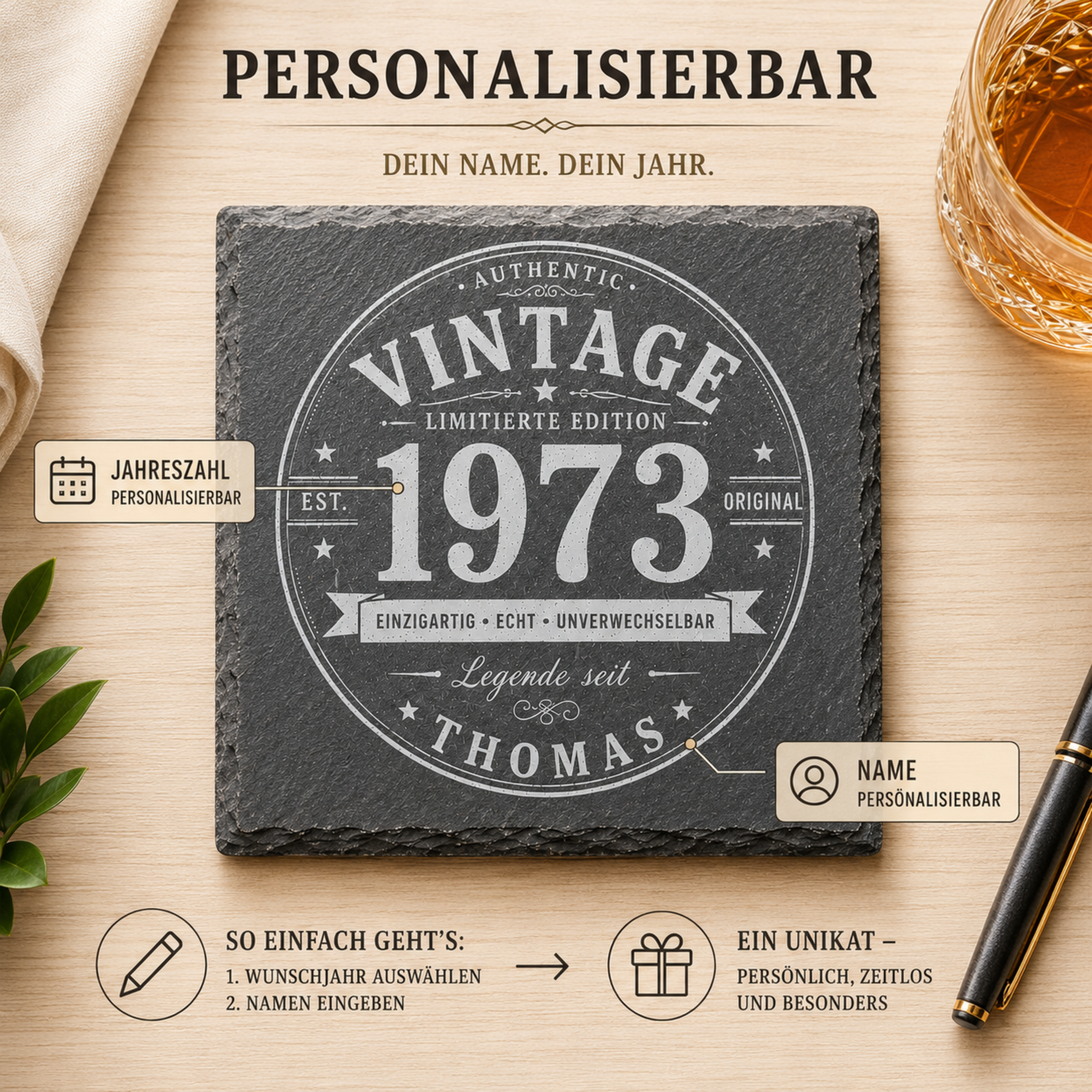 Personalisierter Schiefer Untersetzer mit Name und Jahr als Geschenk für Männer