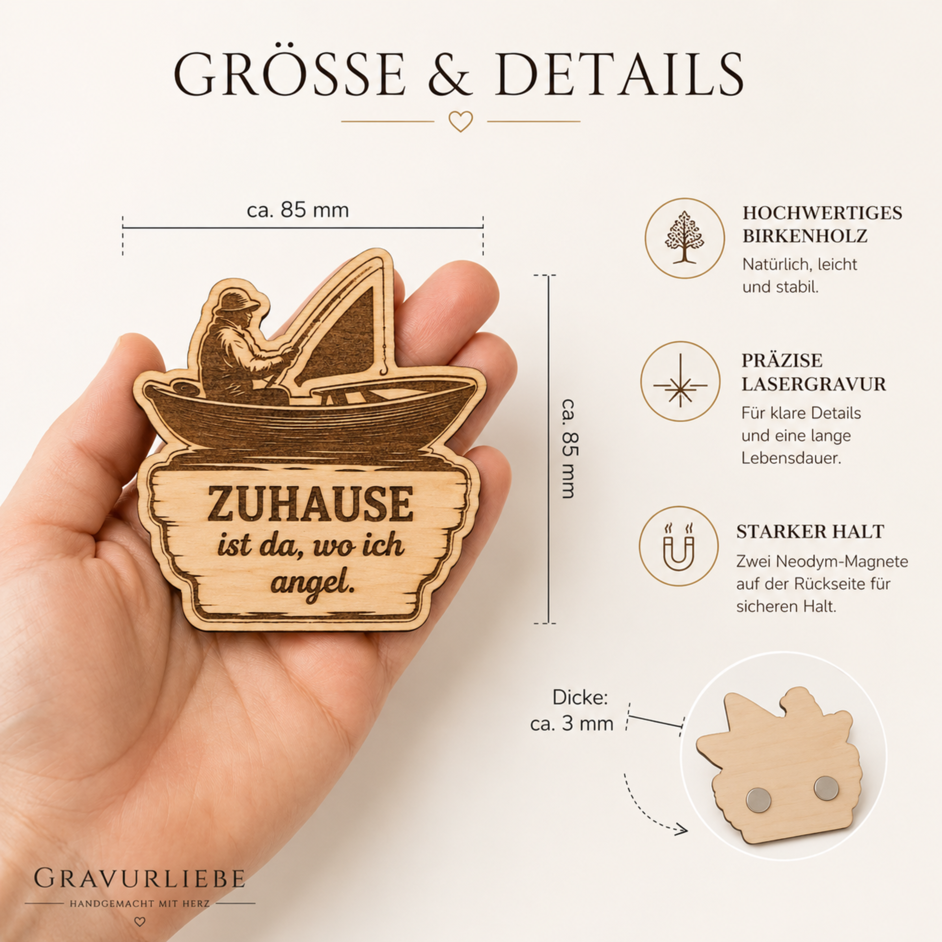 Handgefertigte Kühlschrankmagnete aus Birkenholz mit neun Angelmotiven