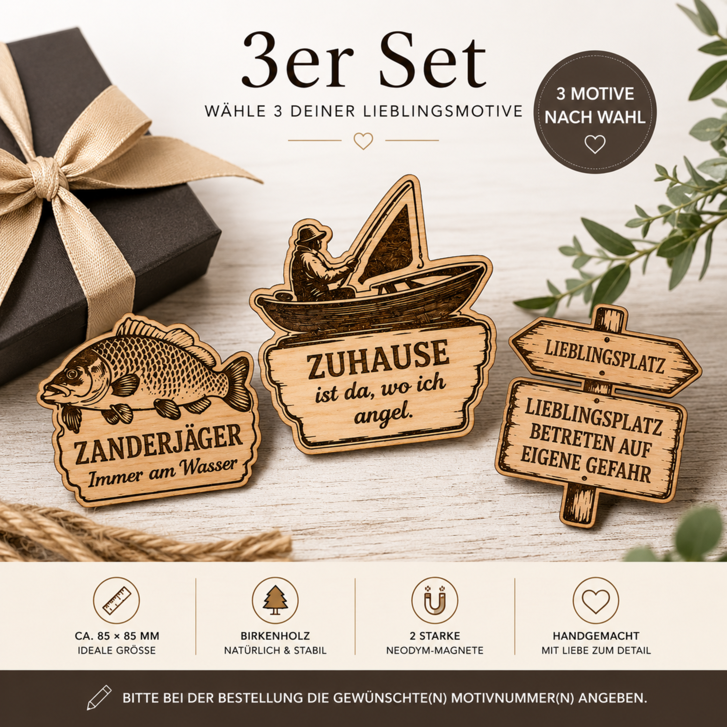 Handgefertigte Kühlschrankmagnete aus Birkenholz mit neun Angelmotiven