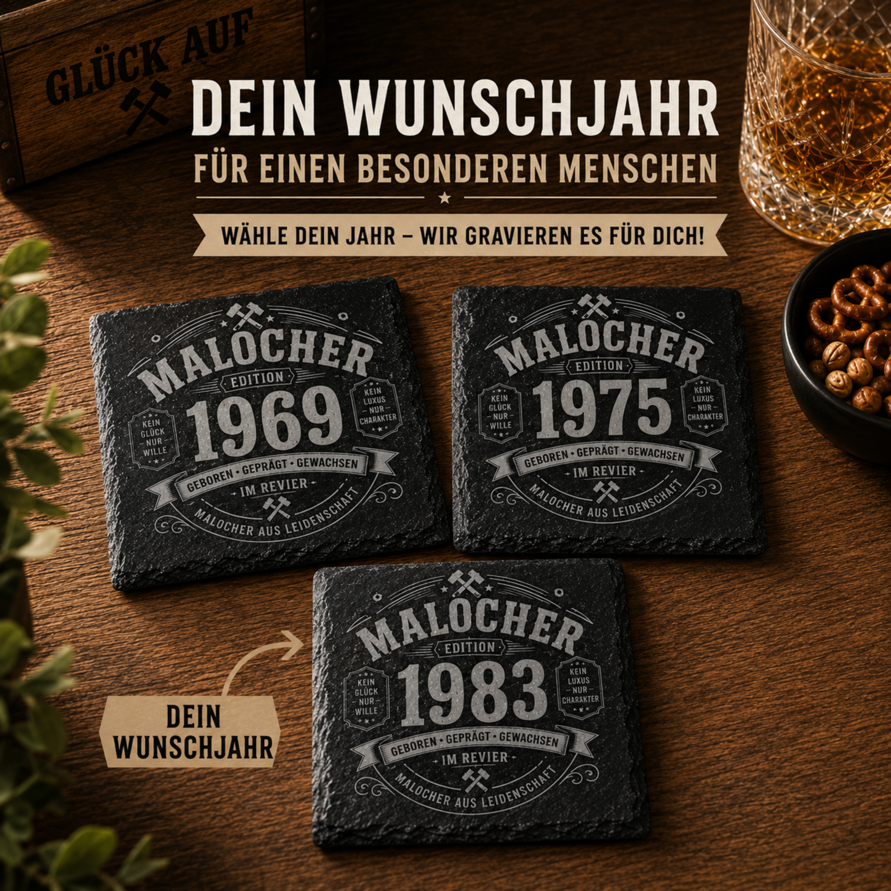 Malocher Schieferuntersetzer personalisiert mit Jahreszahl