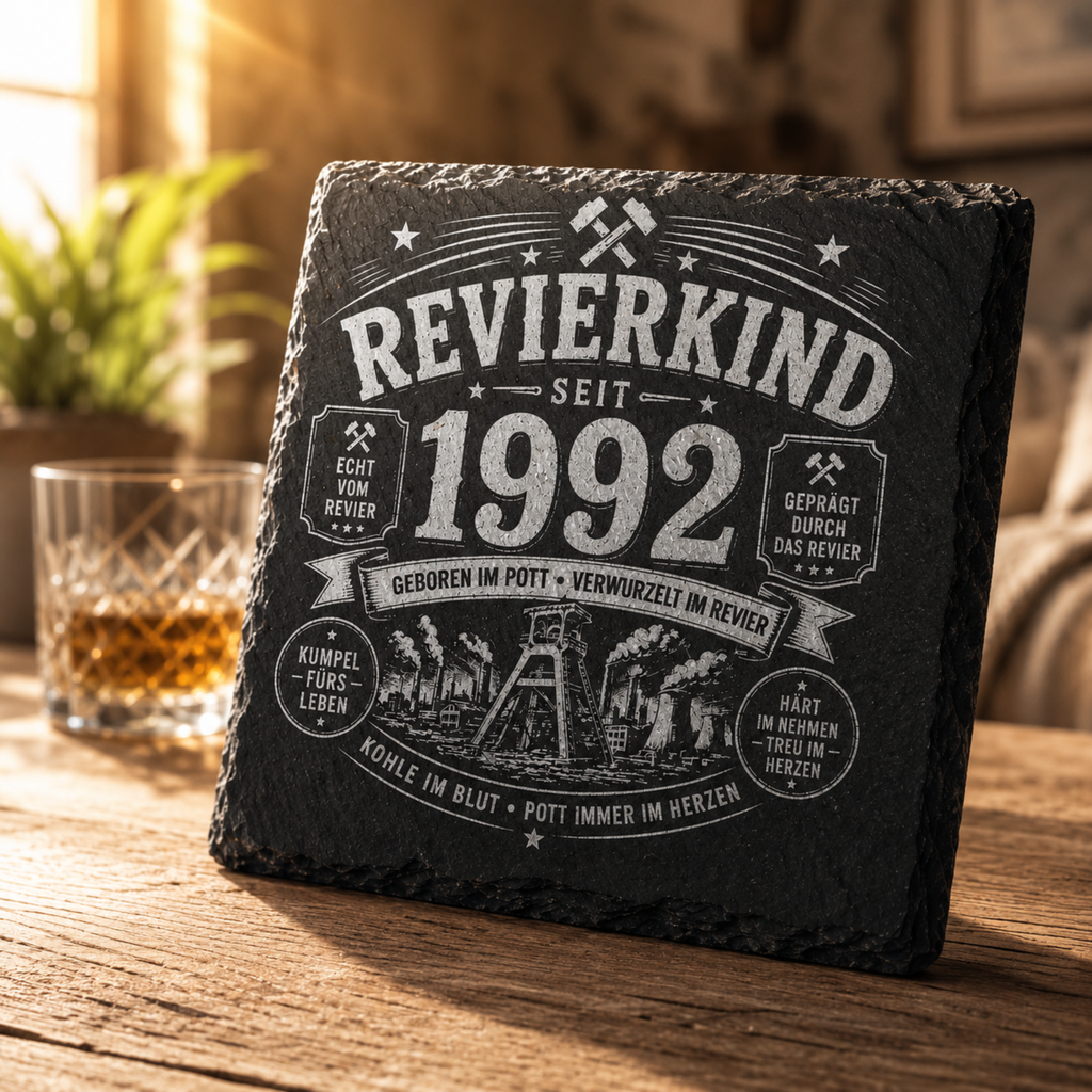 Revierkind Schieferuntersetzer personalisiert mit Jahreszahl