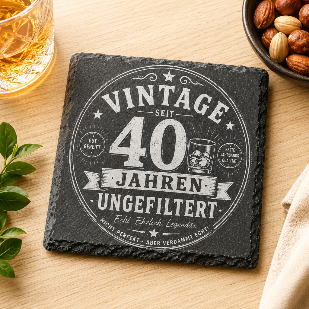 Vintage Schiefer Untersetzer personalisierbar mit Wunschalter als Geburtstagsgeschenk