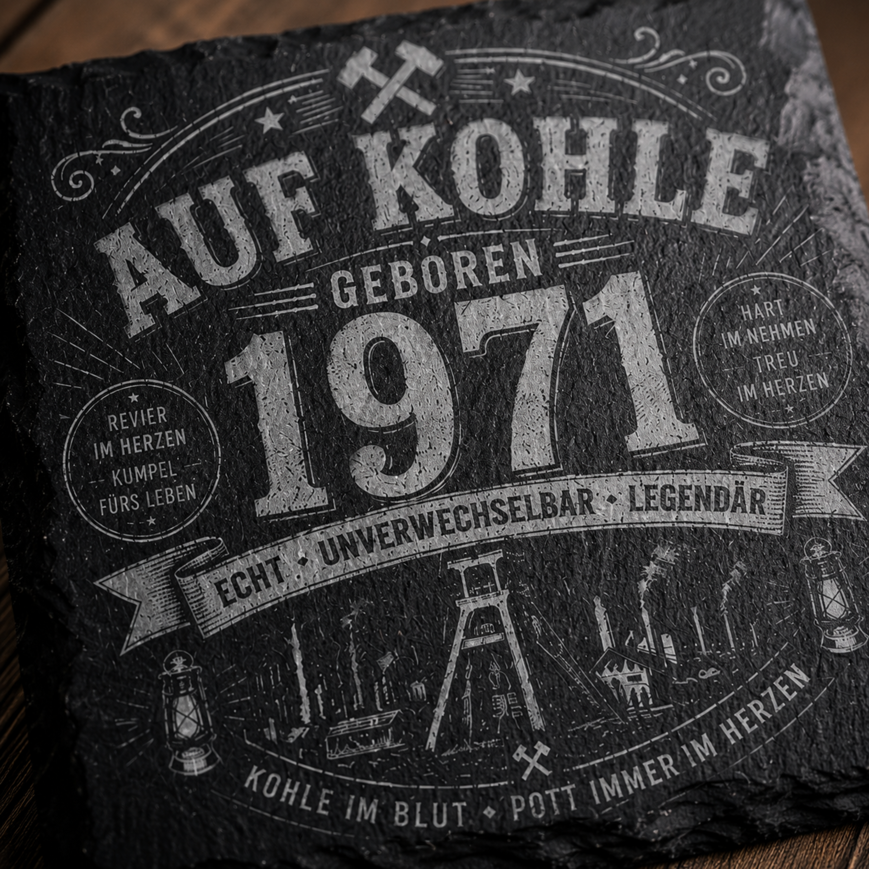 Auf Kohle Geboren Schieferuntersetzer mit Wunschjahr personalisiert