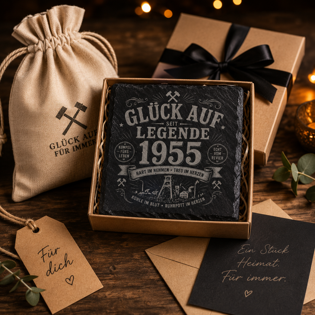 Glück Auf Legende Schieferuntersetzer mit Name & Jahr personalisiert