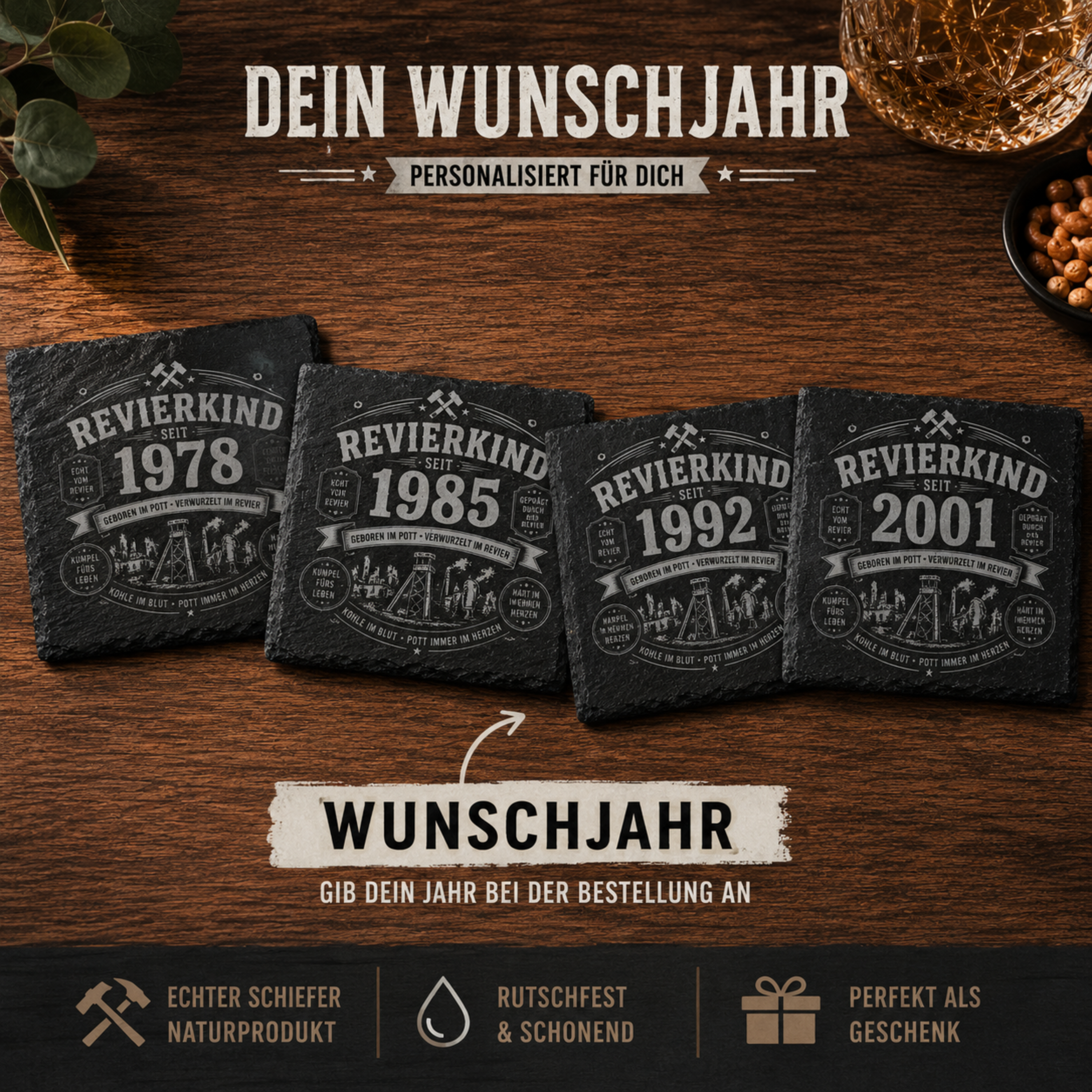 Revierkind Schieferuntersetzer personalisiert mit Jahreszahl