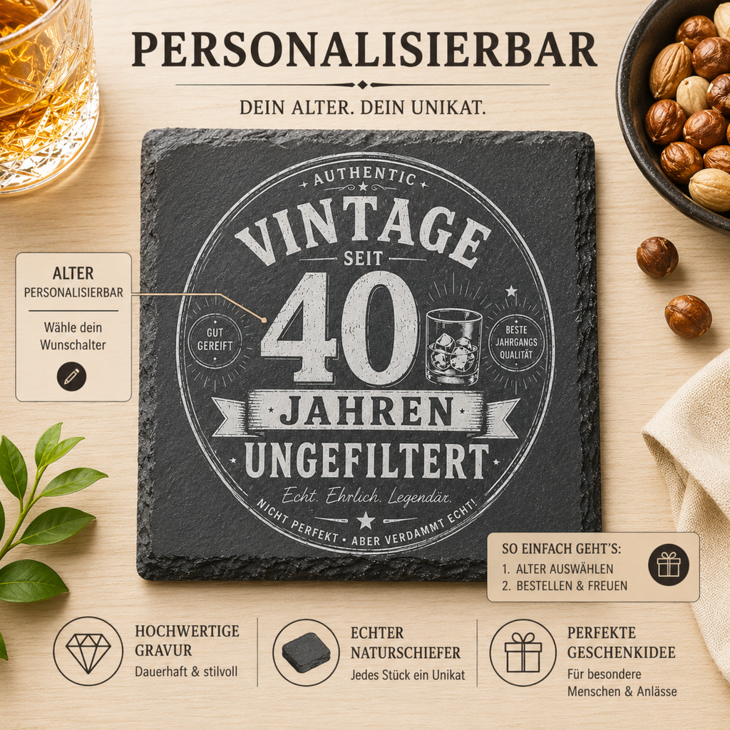 Vintage Schiefer Untersetzer personalisierbar mit Wunschalter als Geburtstagsgeschenk