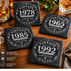 Personalisierte Schiefer Untersetzer mit Name und Jahr im Vintage Design als Männergeschenk