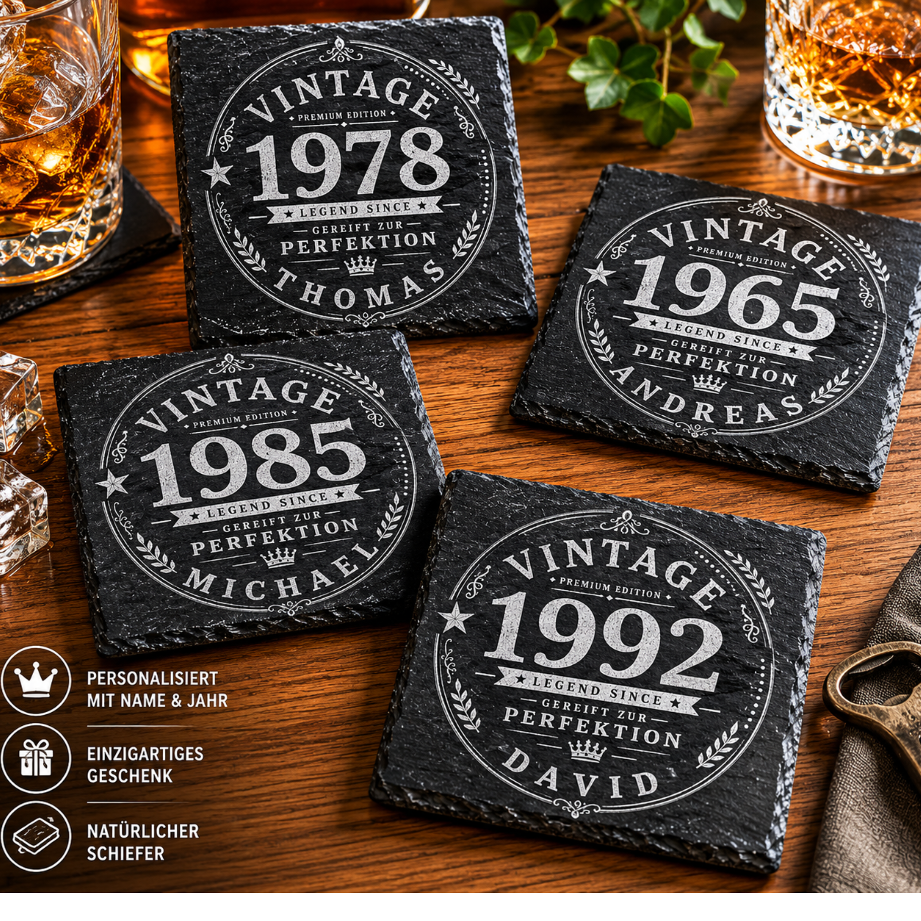 Personalisierte Schiefer Untersetzer mit Name und Jahr im Vintage Design als Männergeschenk
