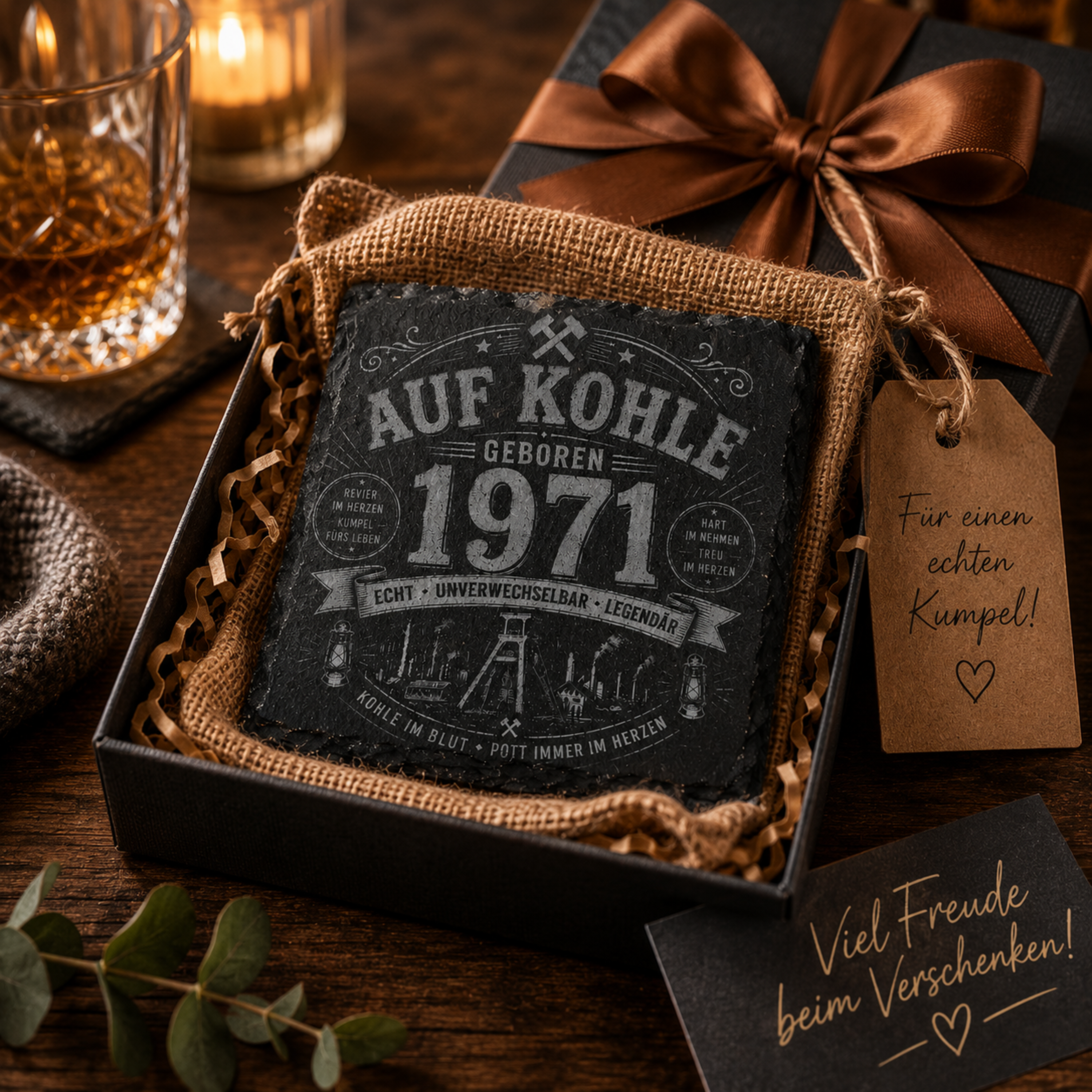 Auf Kohle Geboren Schieferuntersetzer mit Wunschjahr personalisiert