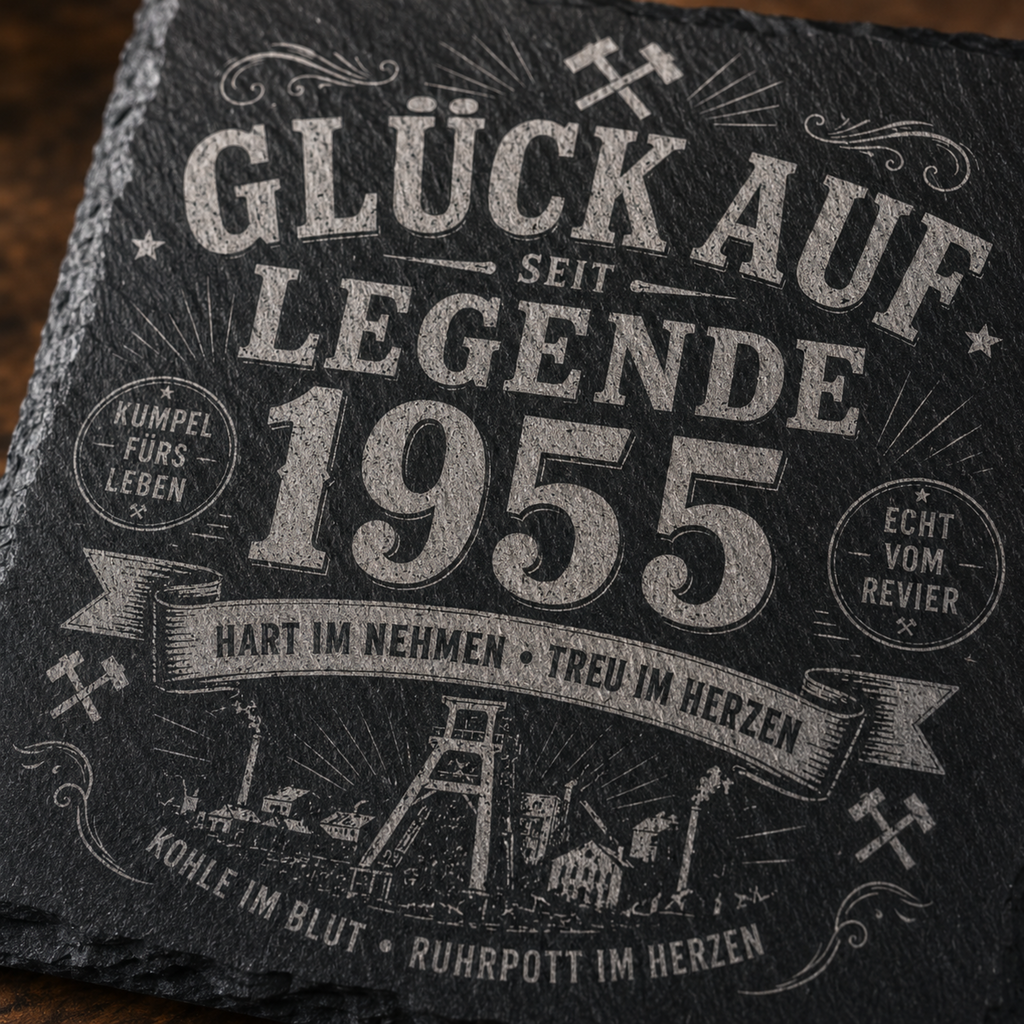 Glück Auf Legende Schieferuntersetzer mit Name & Jahr personalisiert
