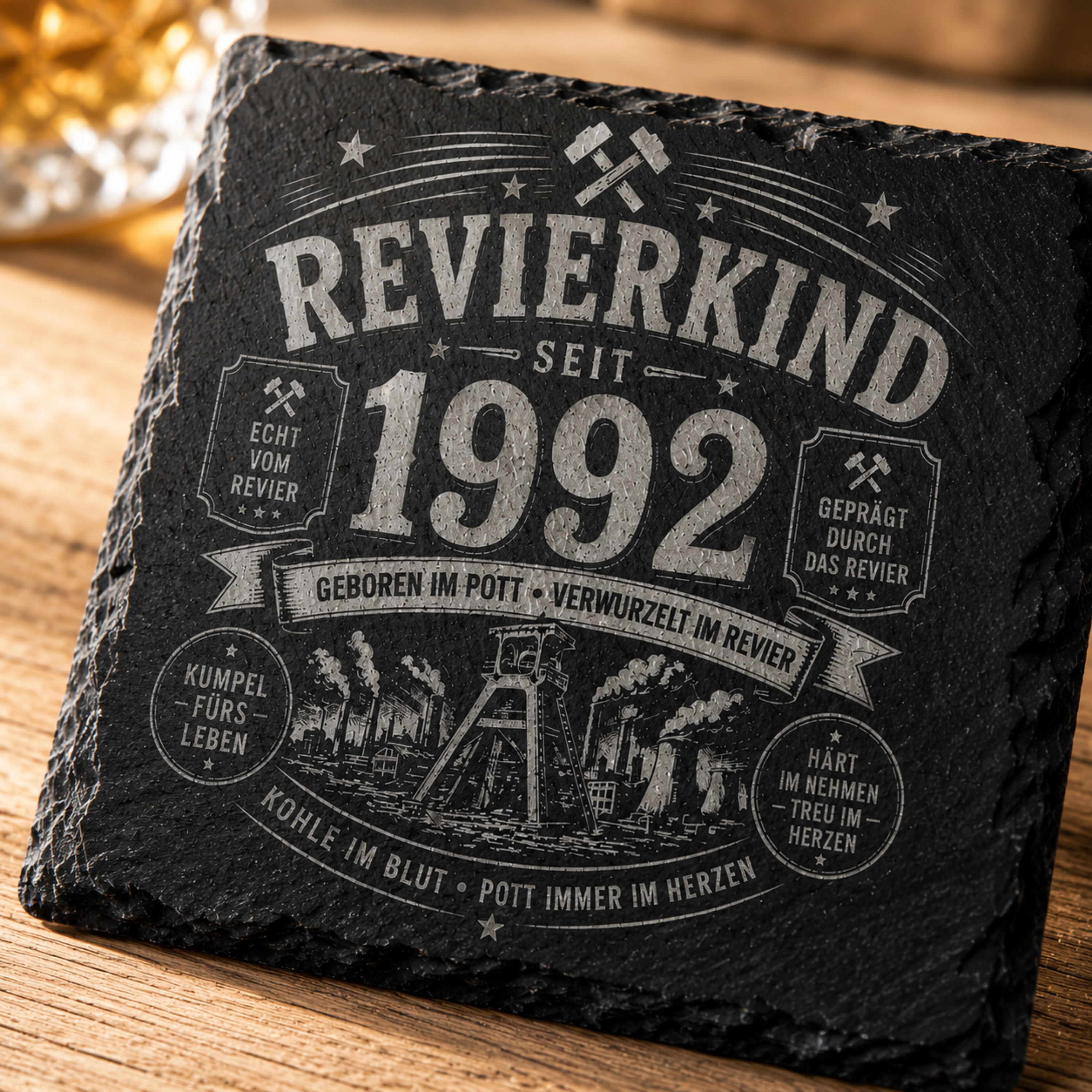 Revierkind Schieferuntersetzer personalisiert mit Jahreszahl