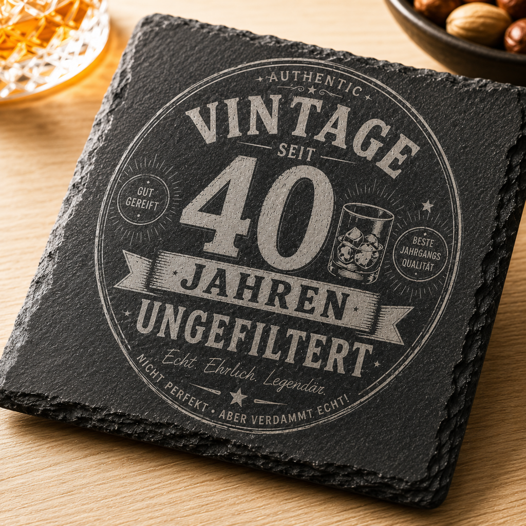 Vintage Schiefer Untersetzer personalisierbar mit Wunschalter als Geburtstagsgeschenk