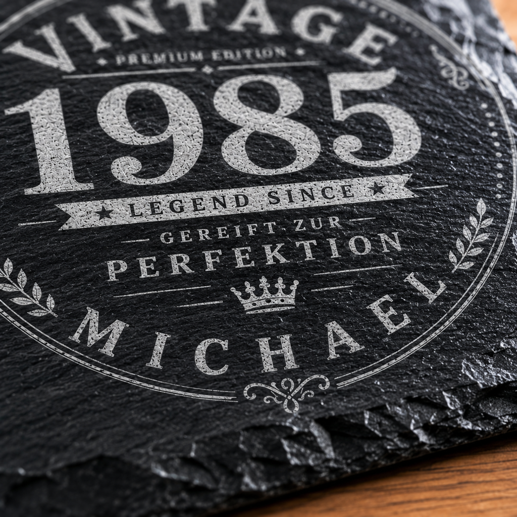Personalisierte Schiefer Untersetzer mit Name und Jahr im Vintage Design als Männergeschenk