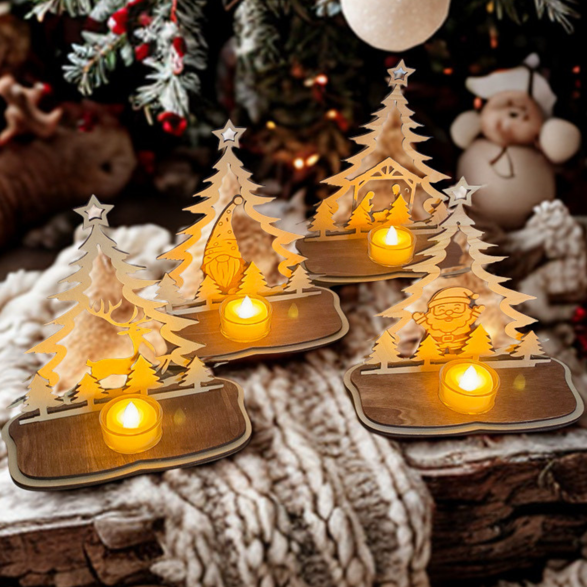 Mehrere weihnachtliche Teelichthalter aus Birkenholz mit verschiedenen Motiven, Tannenbäumen, Teelichtgläsern und warmem Licht.