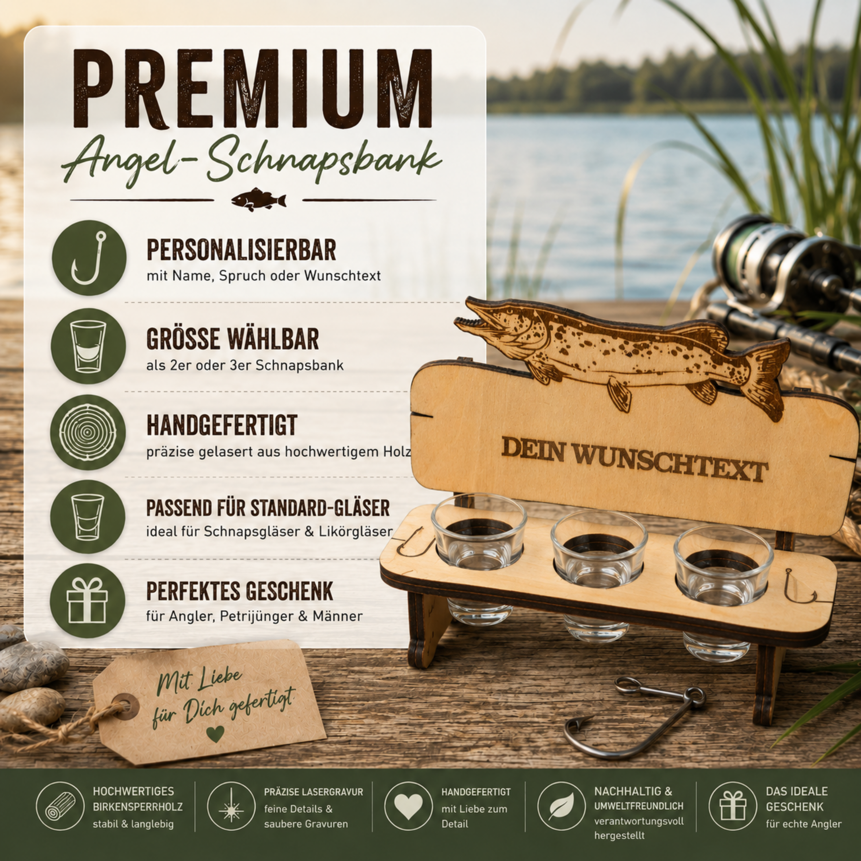 Handgefertigte Schnapsbank im Hecht-Design aus Birkensperrholz mit personalisierbarer Gravur und drei Schnapsgläsern.