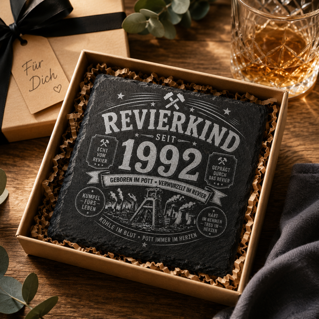 Revierkind Schieferuntersetzer personalisiert mit Jahreszahl