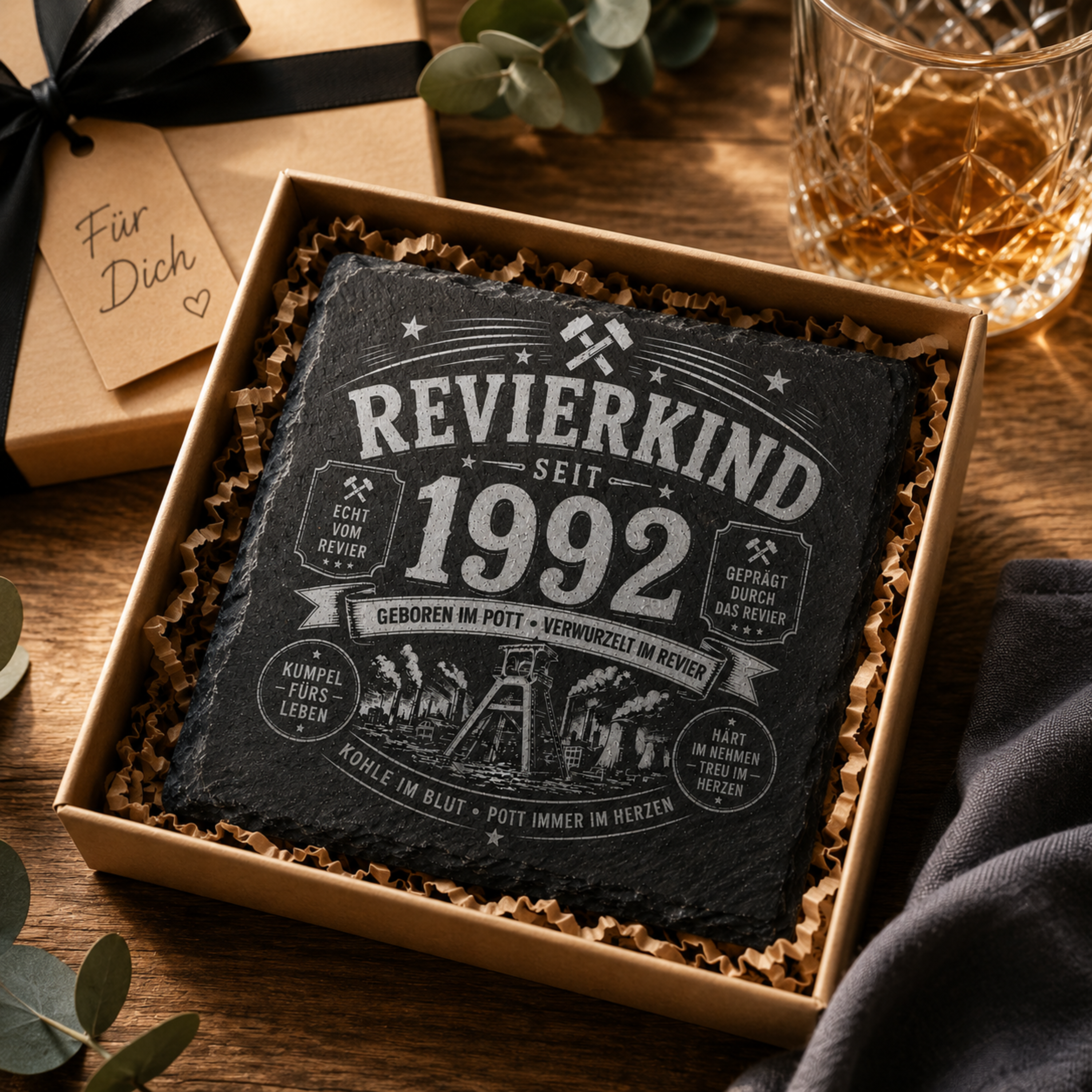 Revierkind Schieferuntersetzer personalisiert mit Jahreszahl