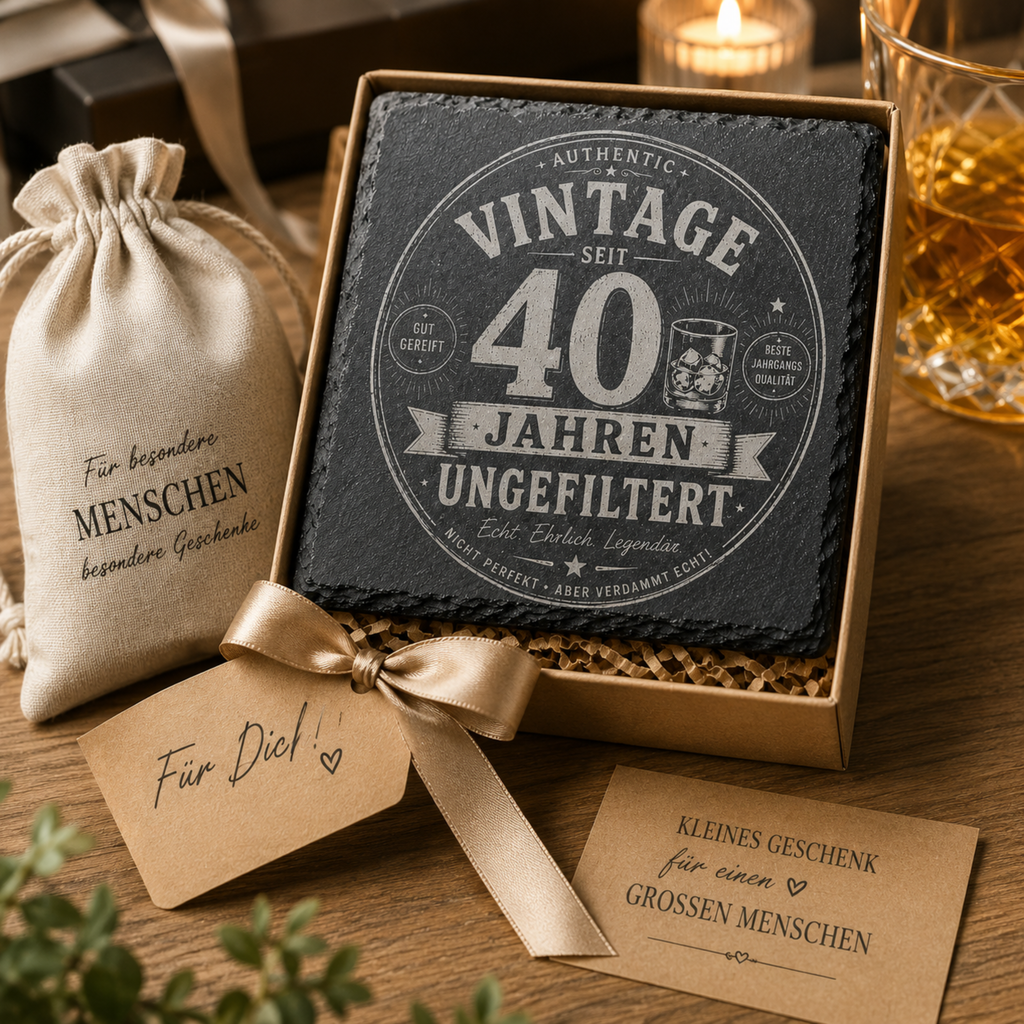 Vintage Schiefer Untersetzer personalisierbar mit Wunschalter als Geburtstagsgeschenk