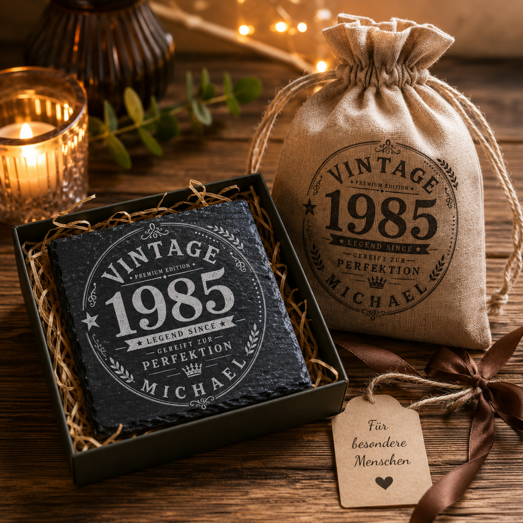 Personalisierte Schiefer Untersetzer mit Name und Jahr im Vintage Design als Männergeschenk