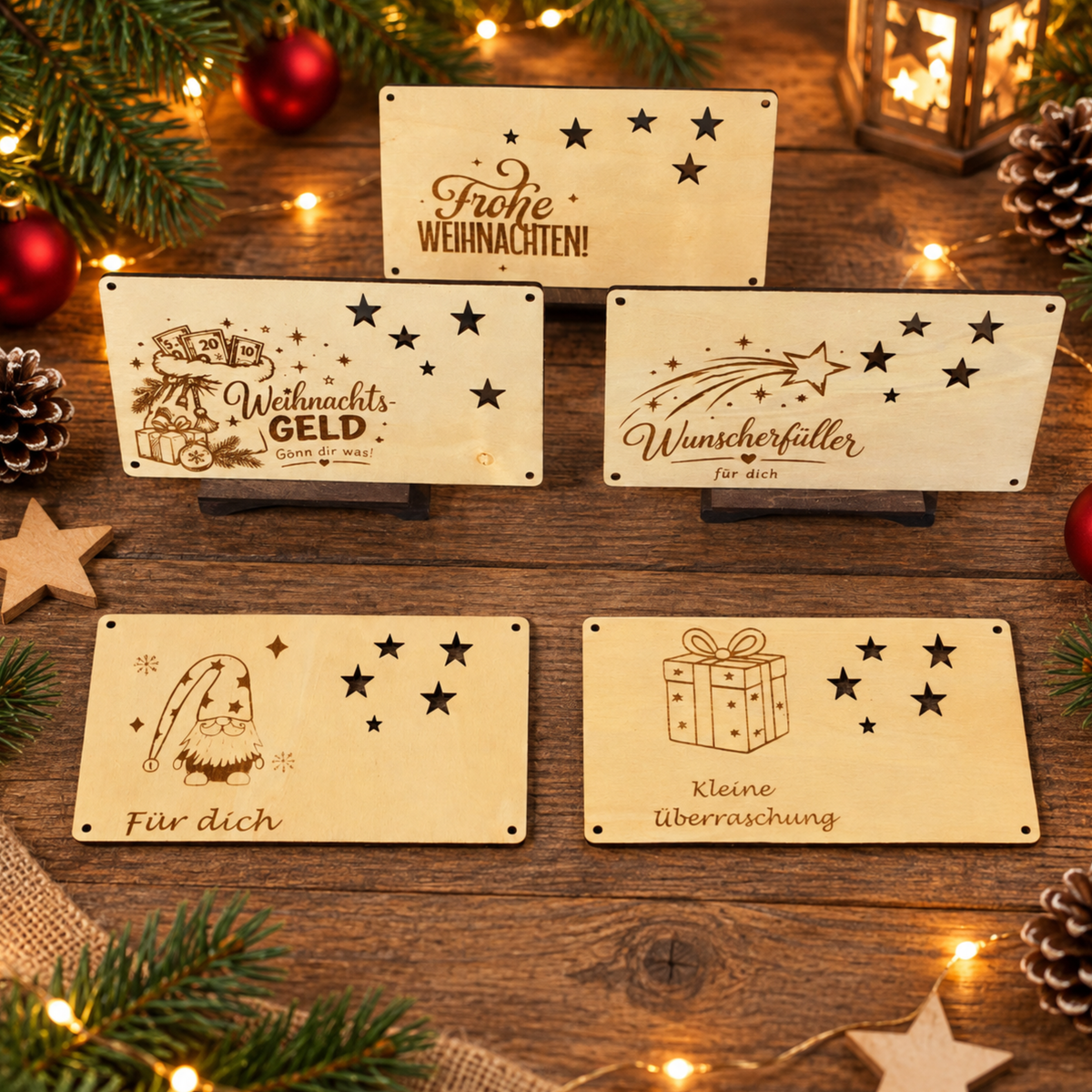 Fünf verschiedene Geldgeschenkkarten aus Holz zu Weihnachten mit Weihnachtsgeld Wunscherfüller Wichtel und Geschenk Motiven