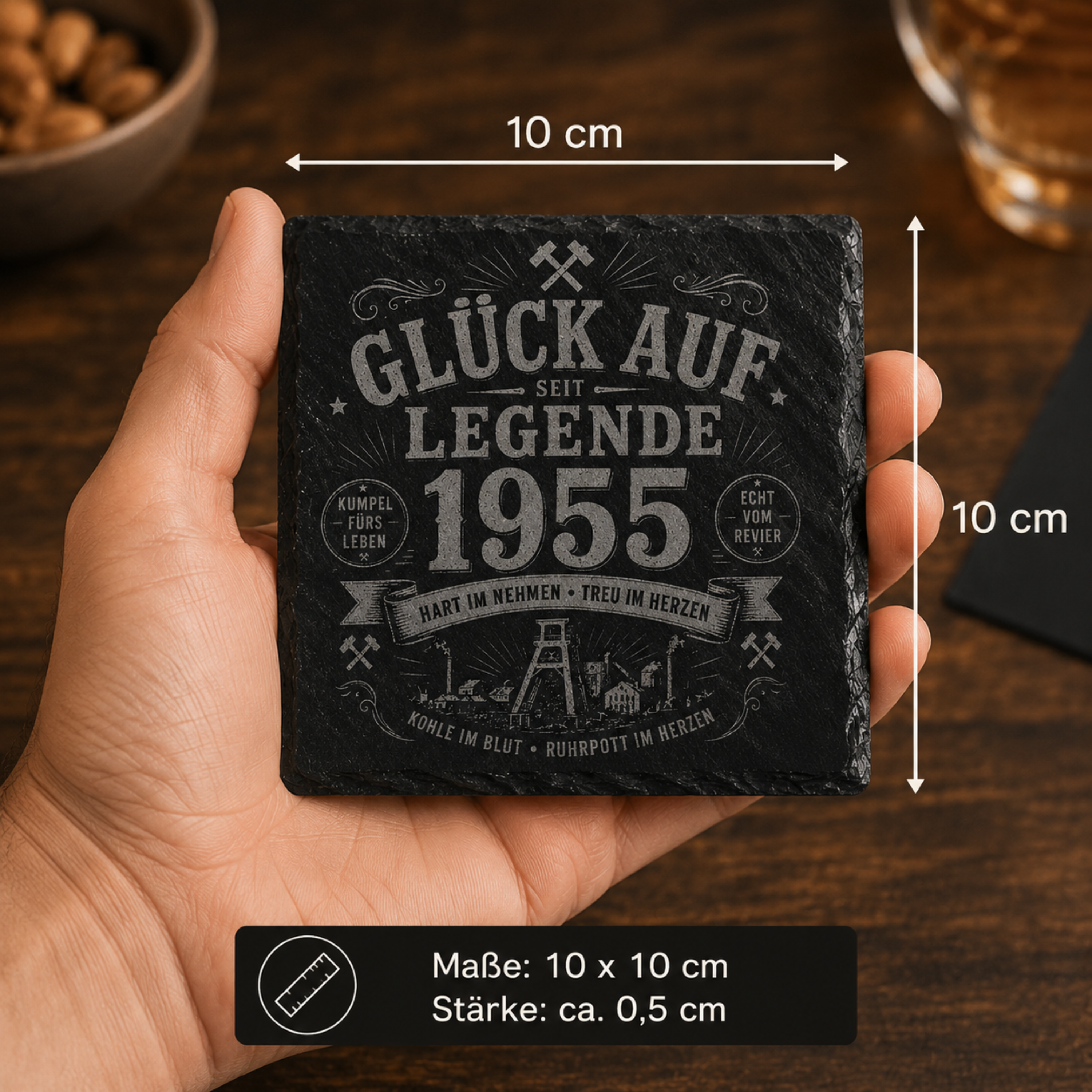 Glück Auf Legende Schieferuntersetzer mit Name & Jahr personalisiert
