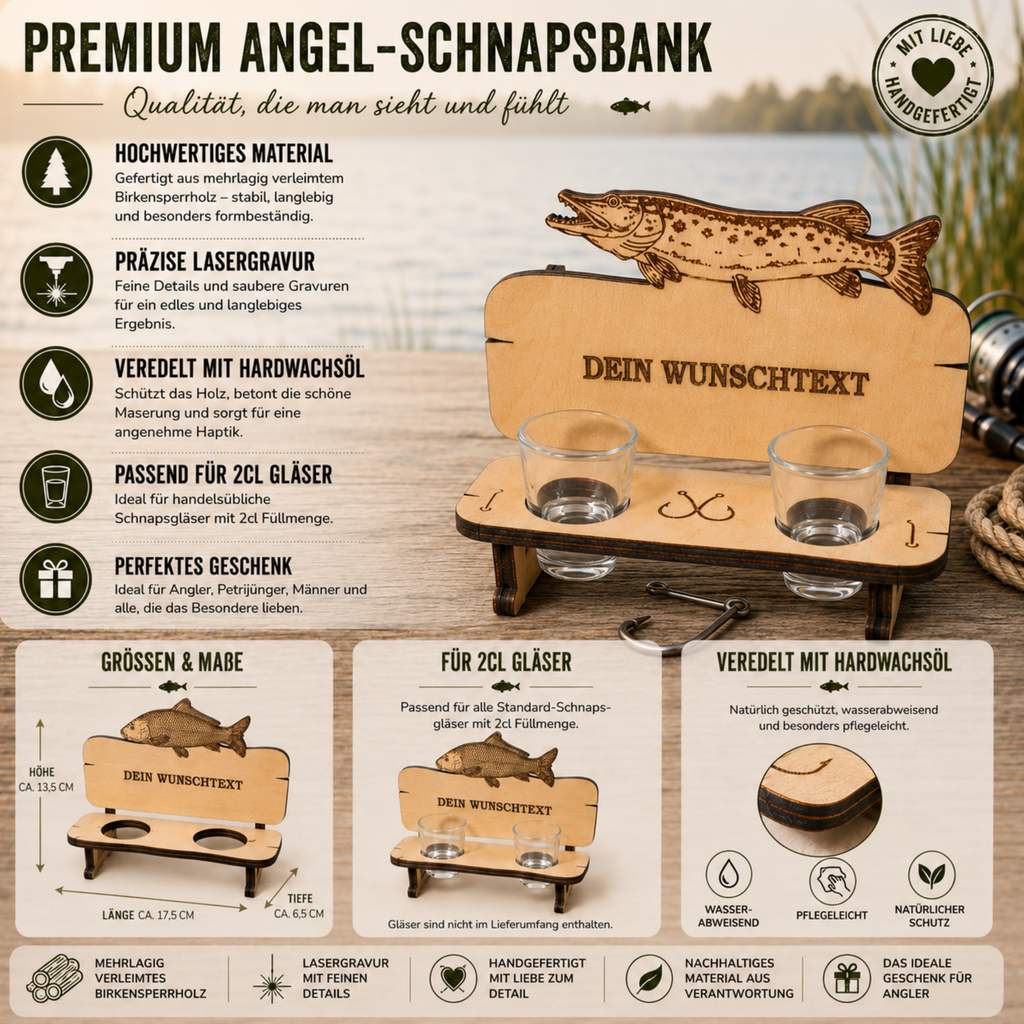 Handgefertigte Schnapsbank im Hecht-Design aus Birkensperrholz mit personalisierbarer Gravur und drei Schnapsgläsern.
