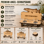 Handgefertigte Schnapsbank im Hecht-Design aus Birkensperrholz mit personalisierbarer Gravur und drei Schnapsgläsern.