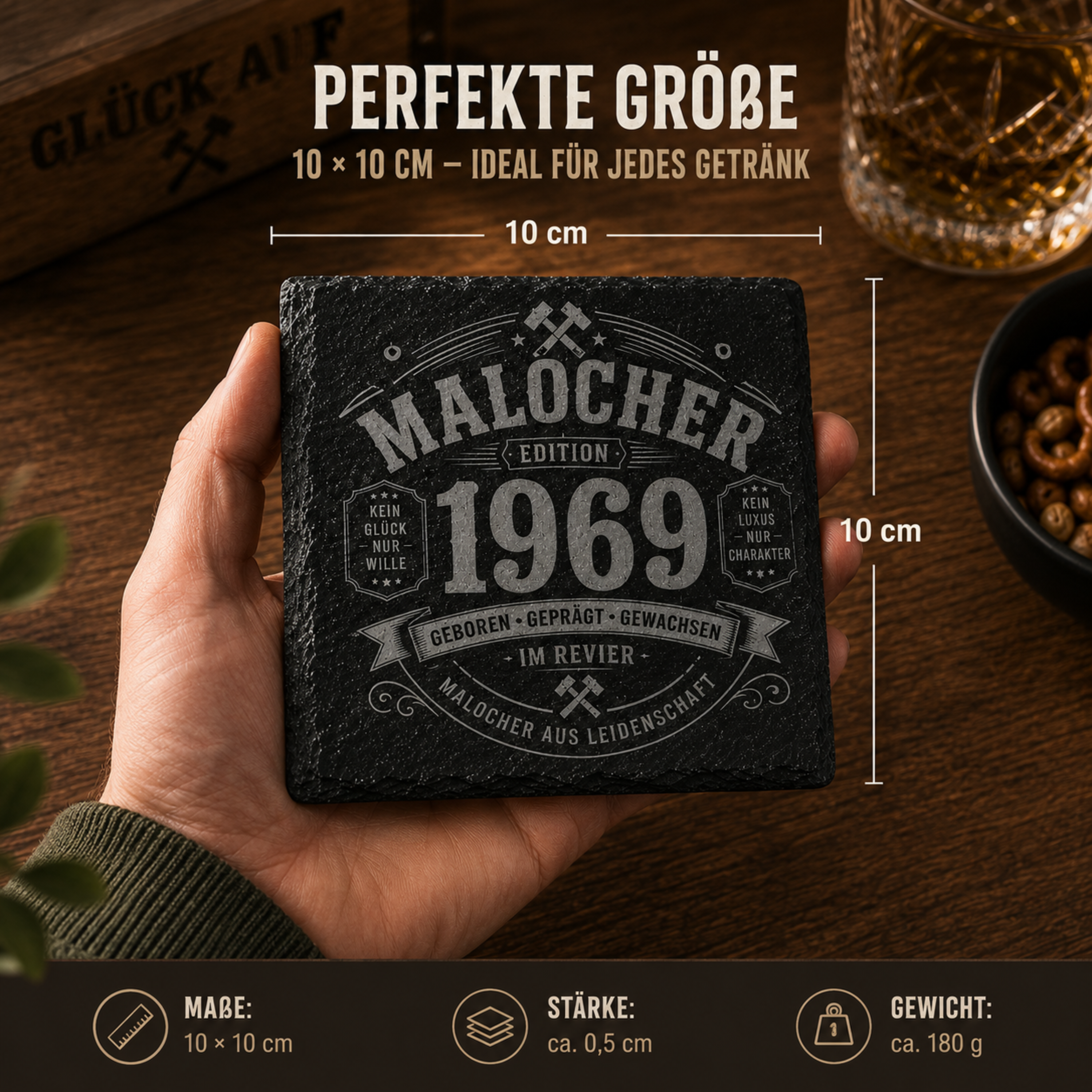 Malocher Schieferuntersetzer personalisiert mit Jahreszahl