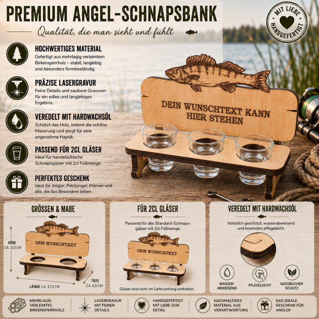 Personalisierte Zander-Schnapsbank aus Holz – Geschenk für Angler | 2er oder 3er Bank
