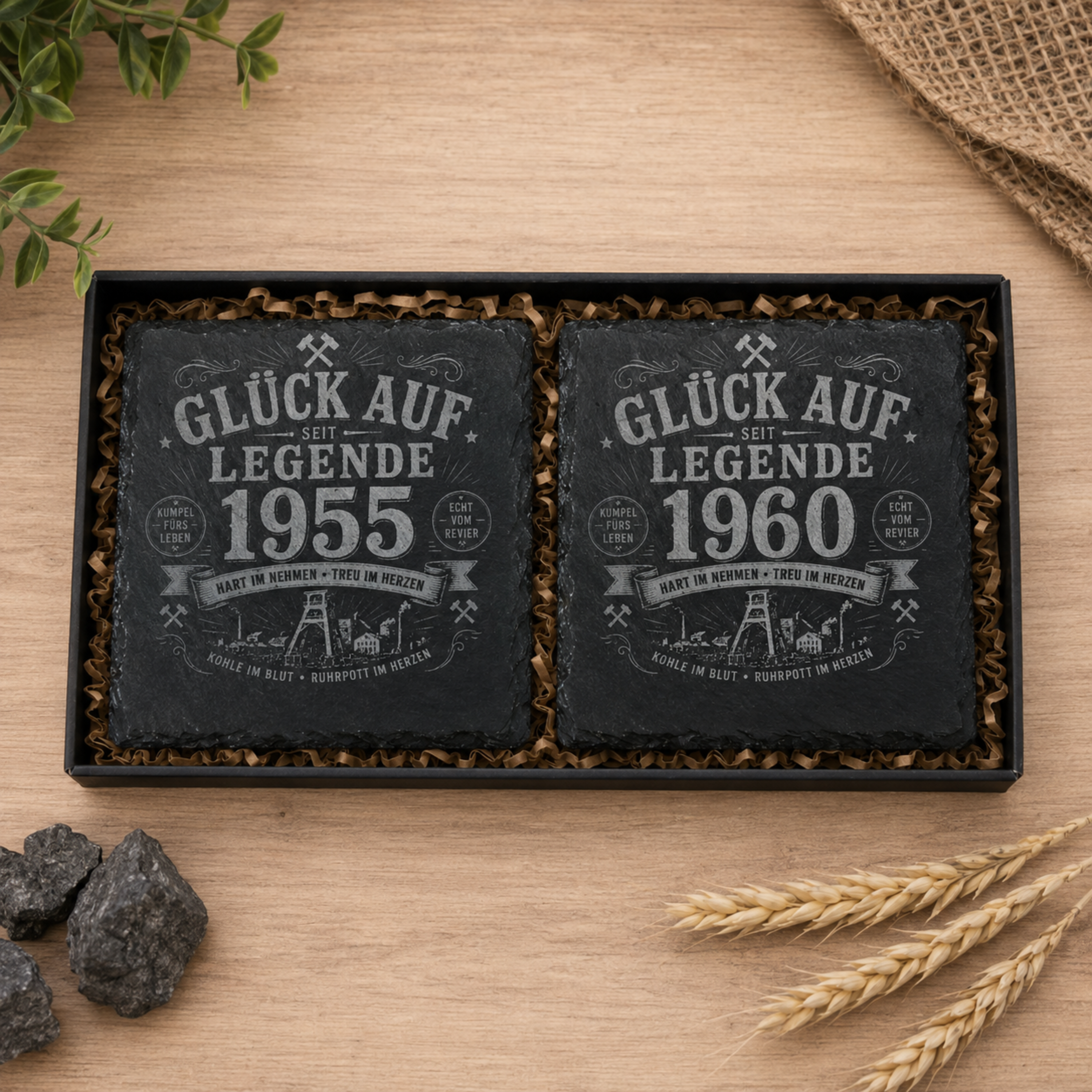 Glück Auf Legende Schieferuntersetzer mit Name & Jahr personalisiert