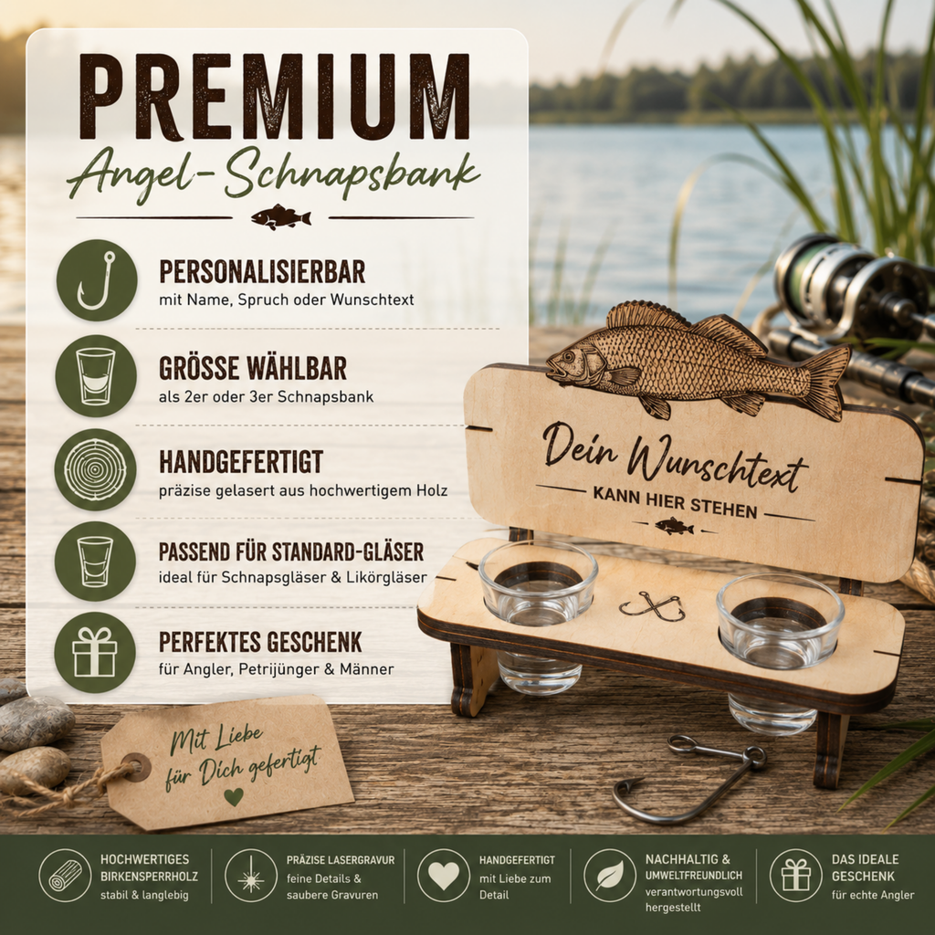 Personalisierte Karpfen-Schnapsbank aus Holz – Geschenk für Angler | 2er oder 3er Bank