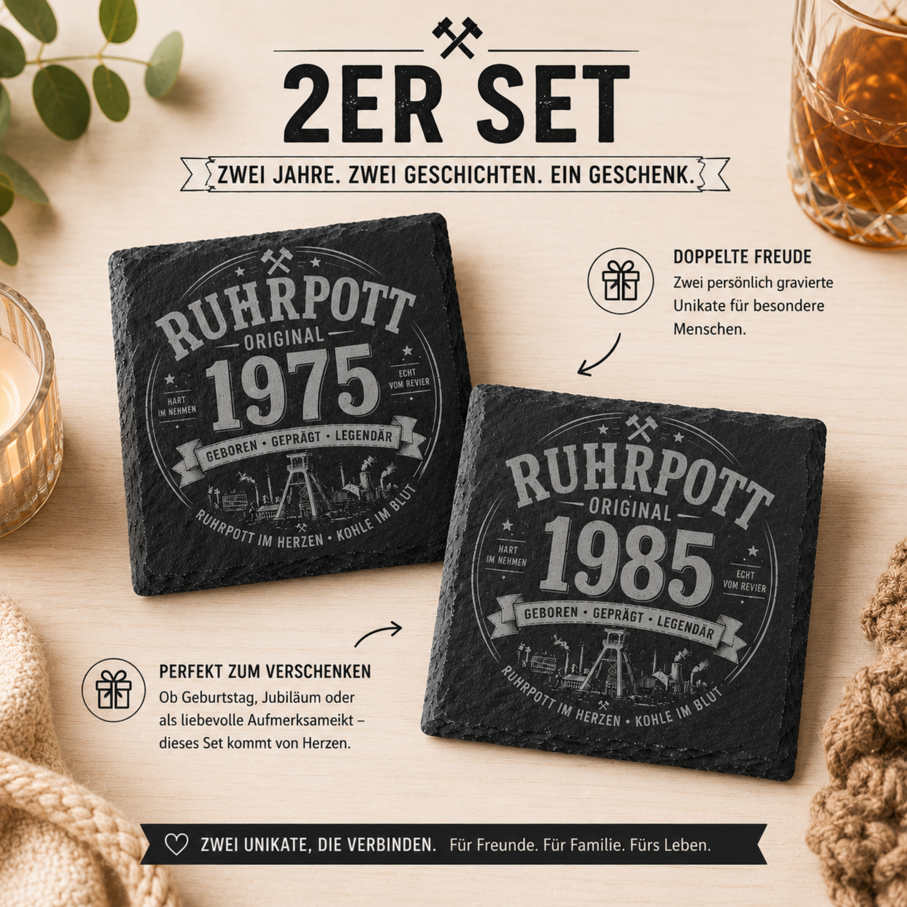 Personalisierter Ruhrpott Schieferuntersetzer mit Jahreszahl