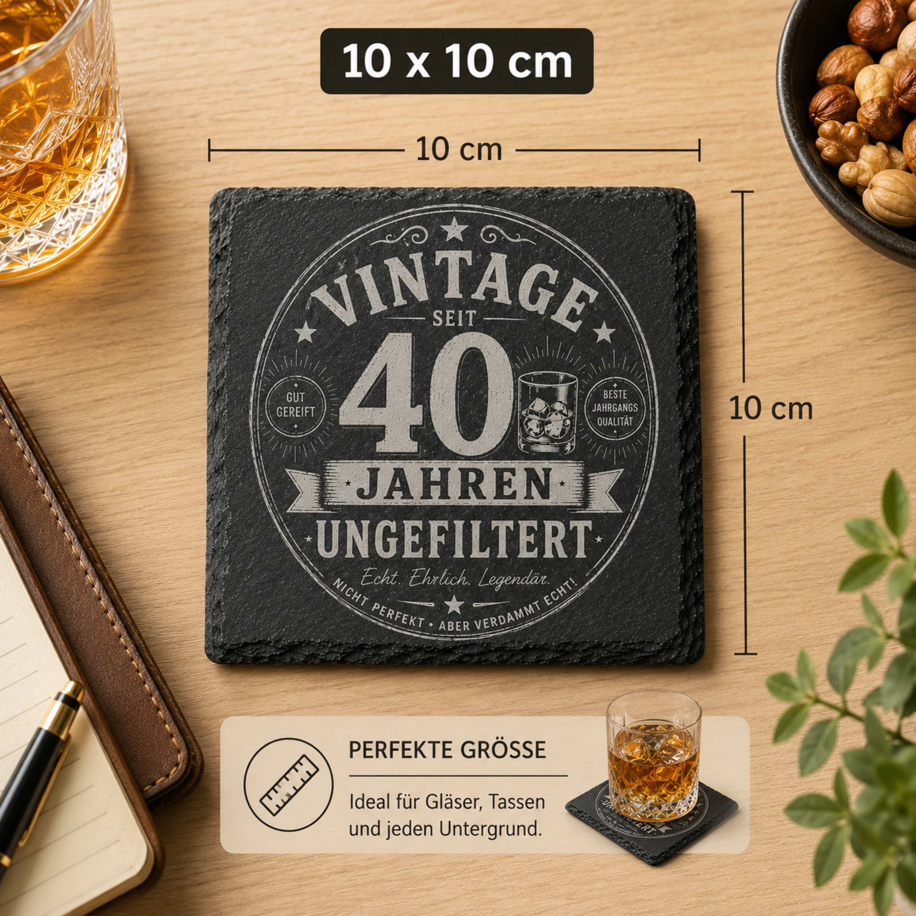 Vintage Schiefer Untersetzer personalisierbar mit Wunschalter als Geburtstagsgeschenk