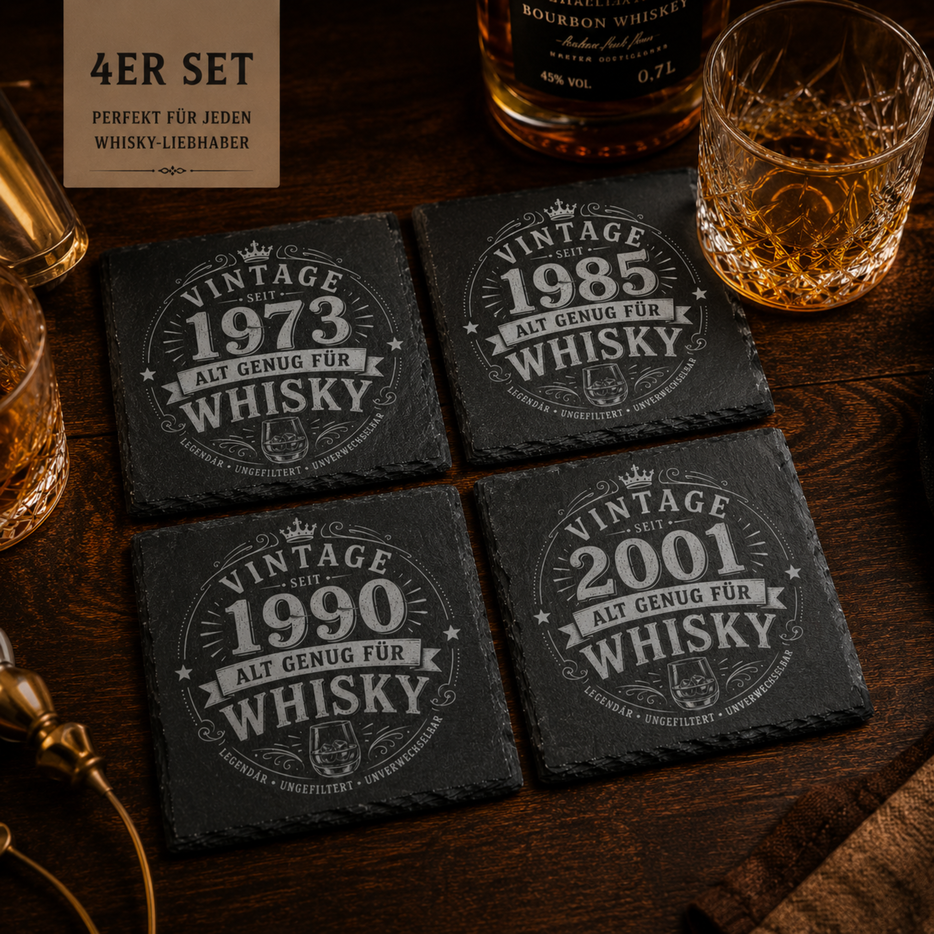 Personalisierte Whisky Untersetzer aus Schiefer mit verschiedenen Jahreszahlen im Vintage Design